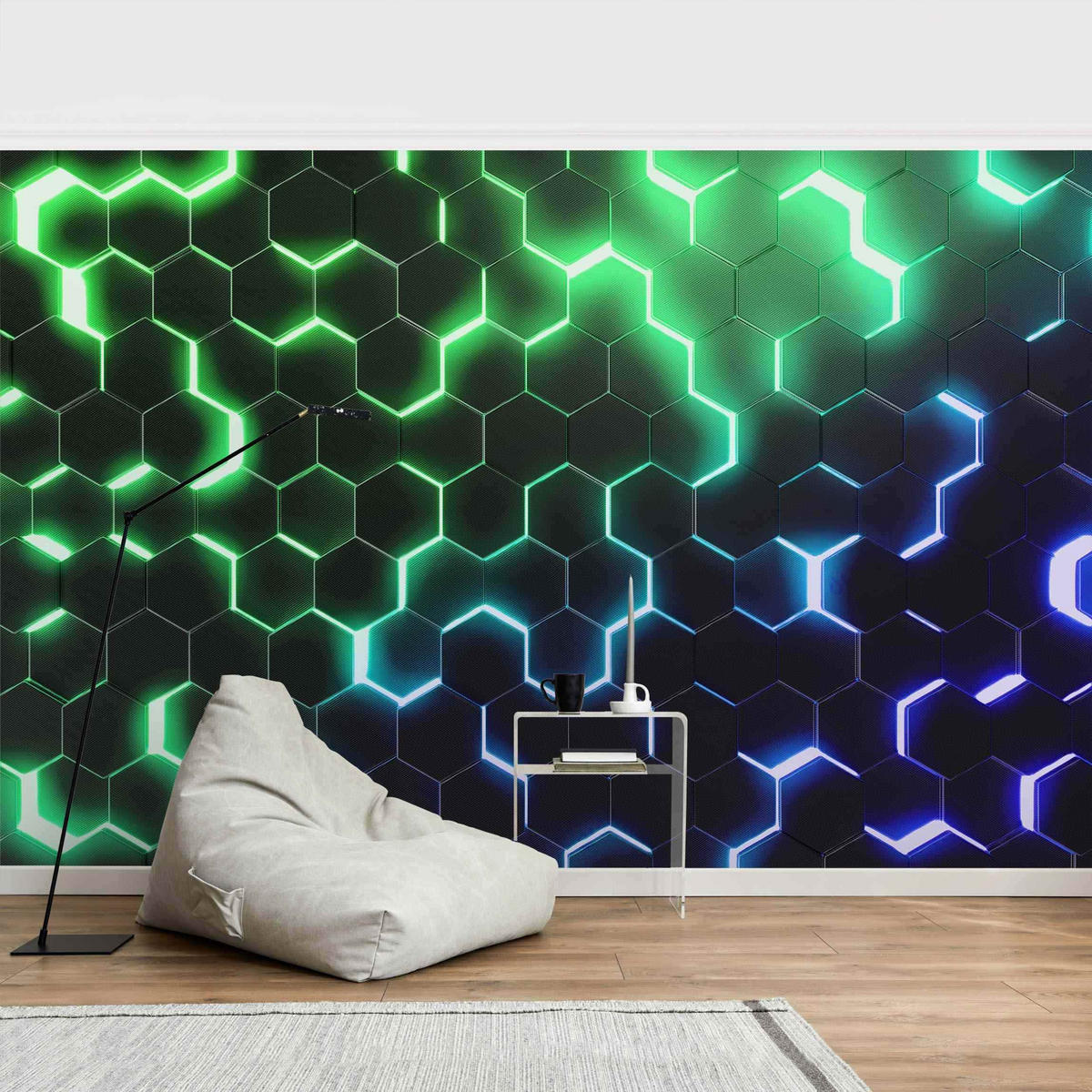 FOTOTAPETE Strukturierte Hexagone mit Neonlicht in Grün und Blau 432/290 cm - Schwarz, Papier (432/290cm) - Bilderwelten
