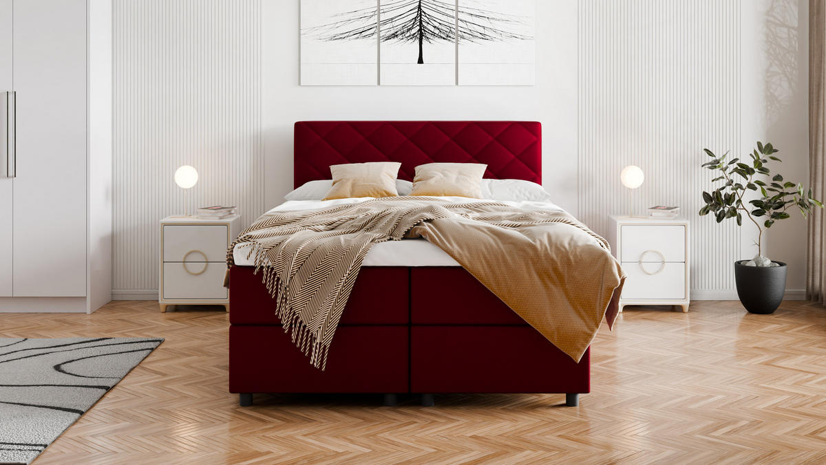 BOXBETT Diamaro 140x200 cm mit Bettkasten und Topper - Rot - Rot, Holz (140/200cm) - Panda Möbel