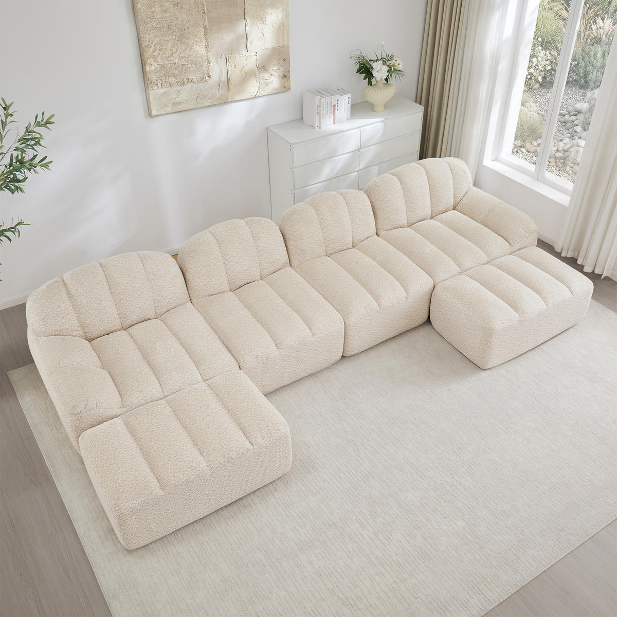 WOHNLANDSCHAFT Granulierter Fleece Beige mit 2 Ottomanen - Beige, Textil (366/79/165cm) - WISHDOR