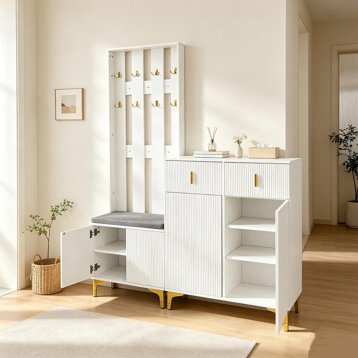 FLUR-SET mit Schuhbank, Schuhschrank mit Schubladen und Türen - Weiß, Holzwerkstoff (35.2/180.5/144cm) - Meubles Cosy
