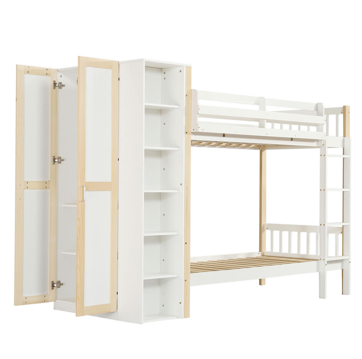 ETAGENBETT 90/200 cm mit Kleiderschrank, Regalen, 4-stufiger Leiter und Fallschutz aus Kieferholz & MDF, Weiß/Natur - Weiß, Holzwerkstoff (90/200cm) - Redom