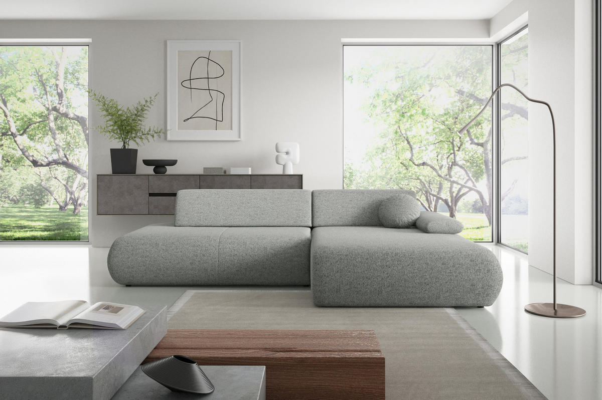 ECKSOFA DELTA R-S Grau Geflochtener Stoff mit Schlaffunktion - Grau, Holz (286/173.5cm) - MASSENO