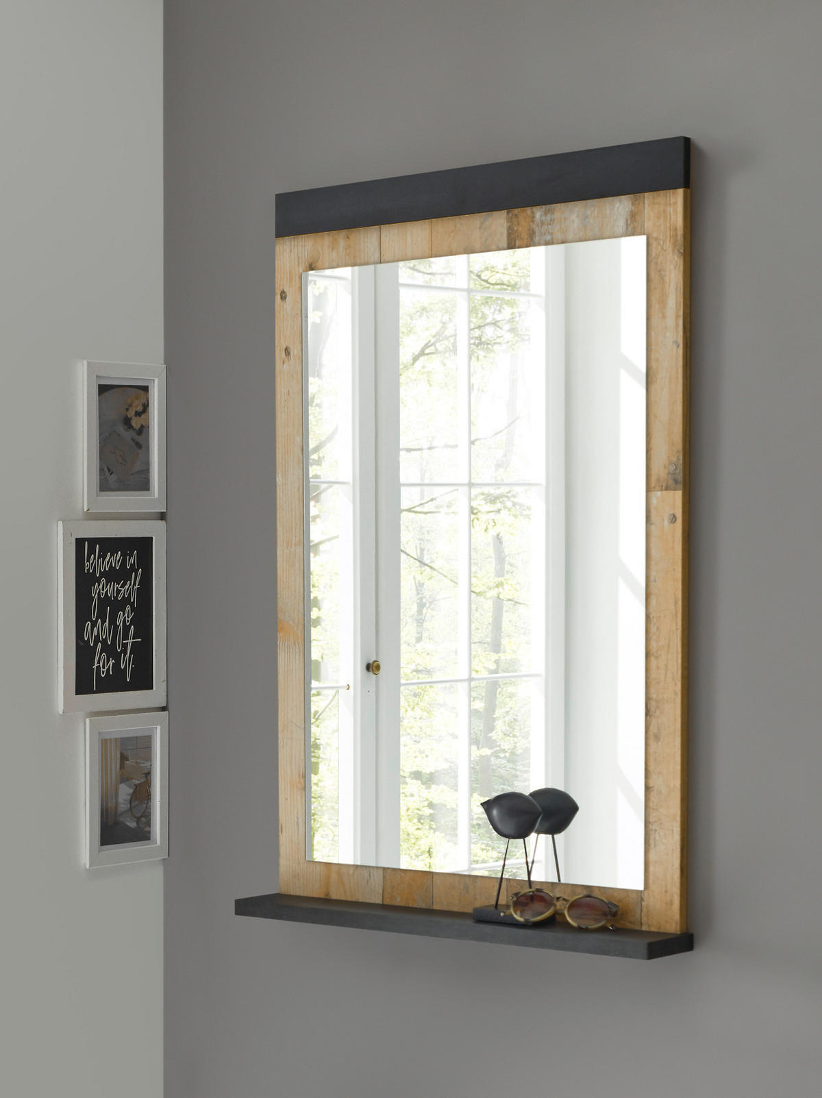 GARDEROBENSPIEGEL Used Wood hell, anthrazit, Wandspiegel mit Ablage 66 x 95 cm - Eichefarben/Anthrazit, Holzwerkstoff (66/95/10cm) - Furn.Design