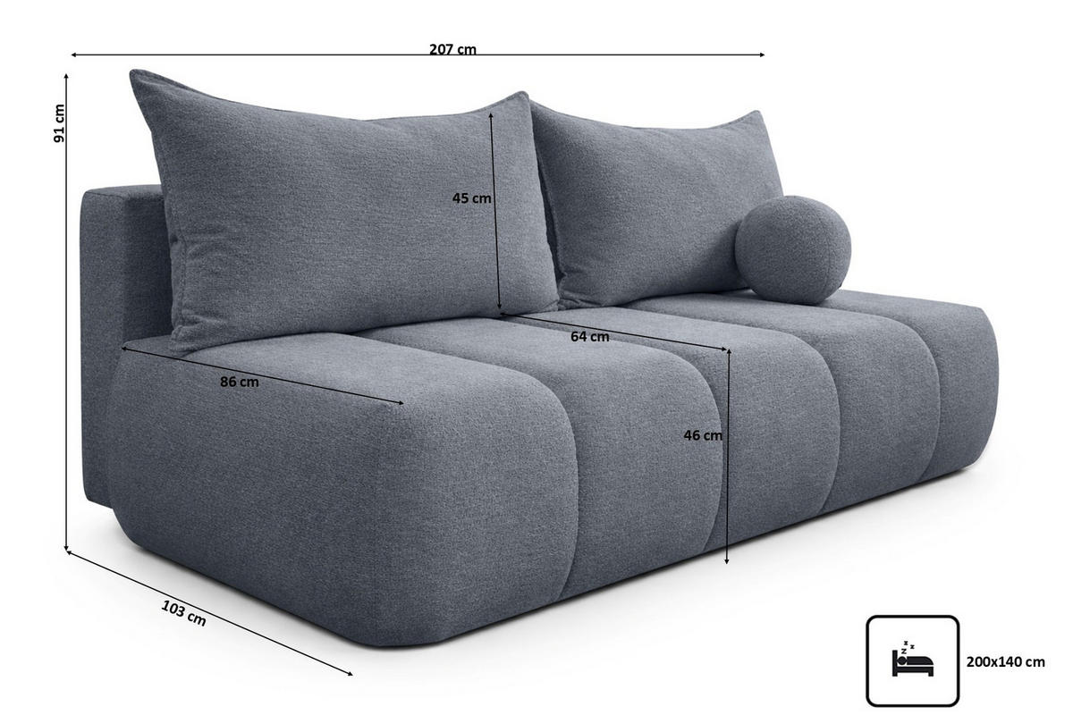 SOFA Mit Schlaffunktion Und Bettkasten, Veloursstoff Monolith, Silber, PIANO - Silberfarben, Holz (207/91/103cm) - Kaiser Möbel