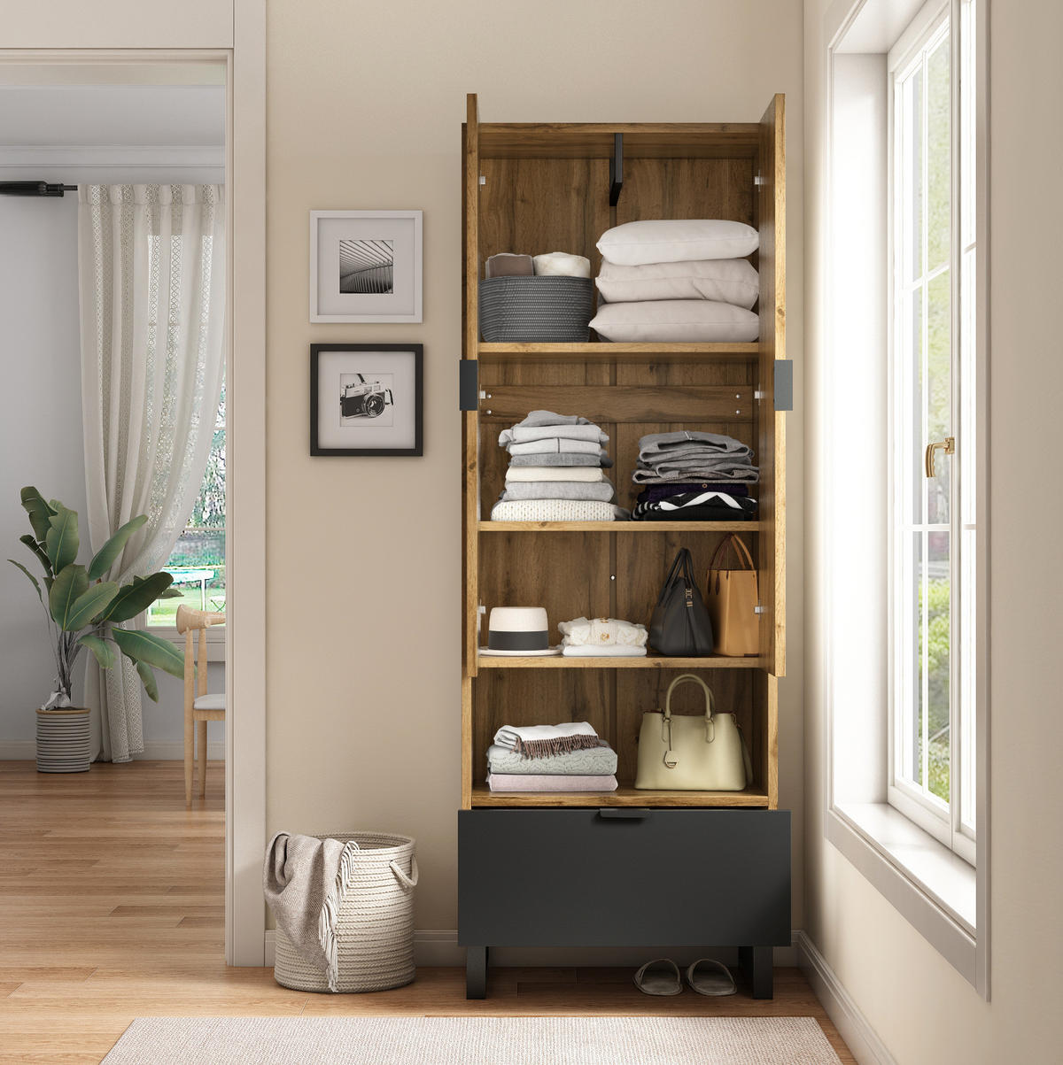 GARDEROBENSCHRANK 65/38/180 cm aus Spanplatte mit Kleiderstange und Schublade Natur/Schwarz - Naturfarben, Holzwerkstoff (38/65/180cm) - Modenvie