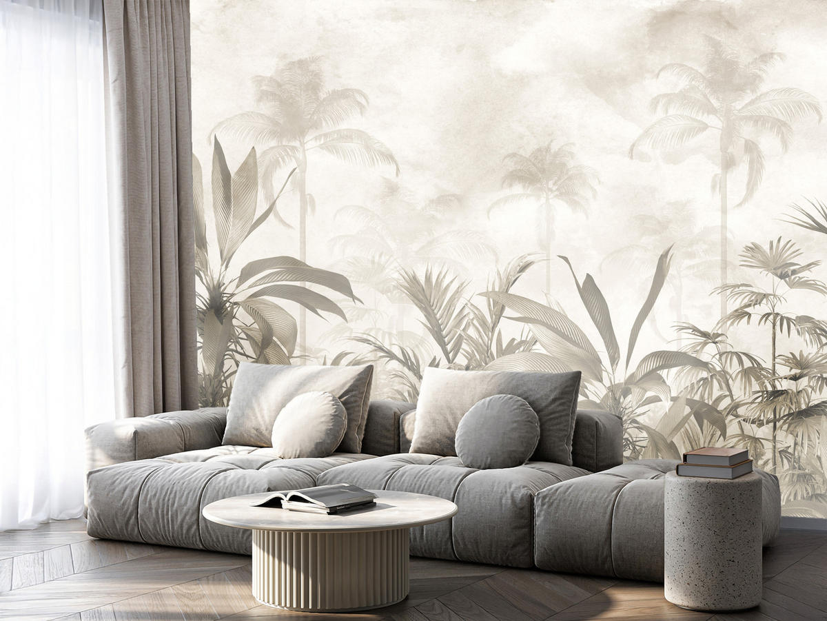 FOTOTAPETE für Wohnzimmer Vintage Tropischer Wald Palmen Blätter 200x140 - Beige/Grau, Papier (200/140cm) - Muralo
