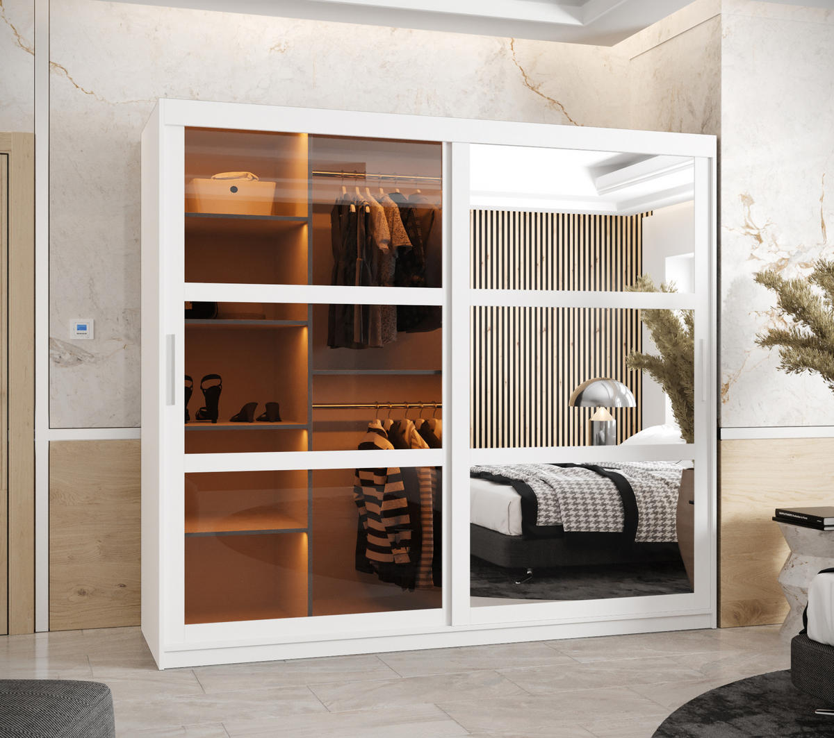 SCHWEBETÜRENSCHRANK 200/200/62 2-türig - Silberfarben/Weiß, Holz/Kunststoff (200/200/62cm) - Abiks Möbel