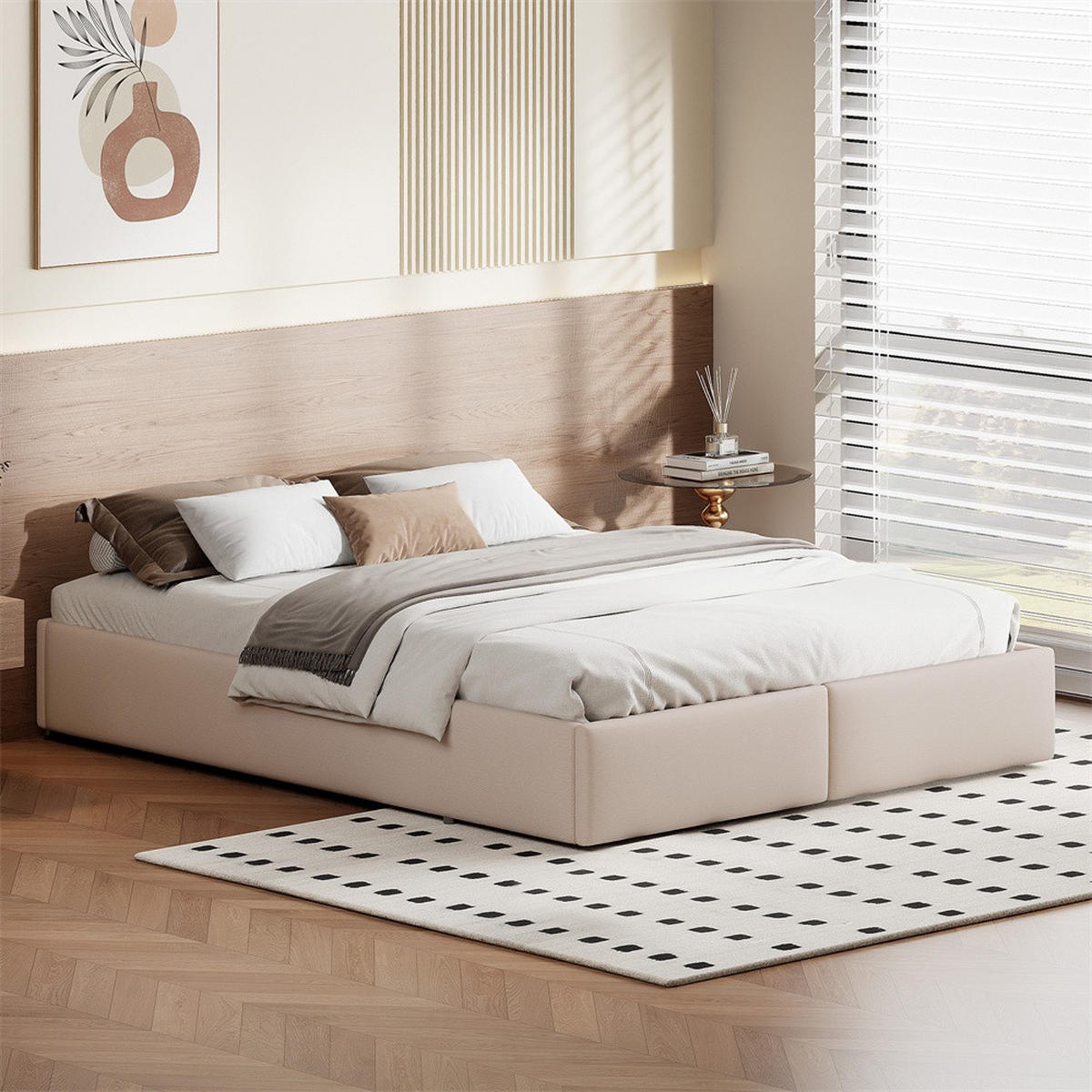 POLSTERBETT 140x200 cm ohne Kopfteil - Hydraulischer Bettkasten und 2 Fußteil-Schubladen - ohne Matratze - Beige - Beige, Textil (140/200cm) - DELFA