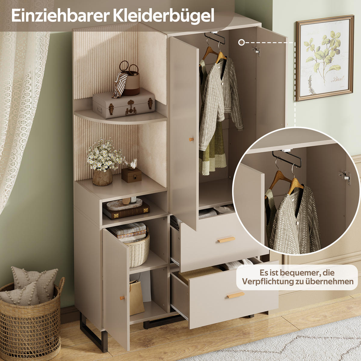 KOMPAKTGARDEROBE 110/38/186 cm aus MDF mit gepolsterten Paneelen Graubeige - Beige, Holzwerkstoff (110/186/38cm) - Modenvie
