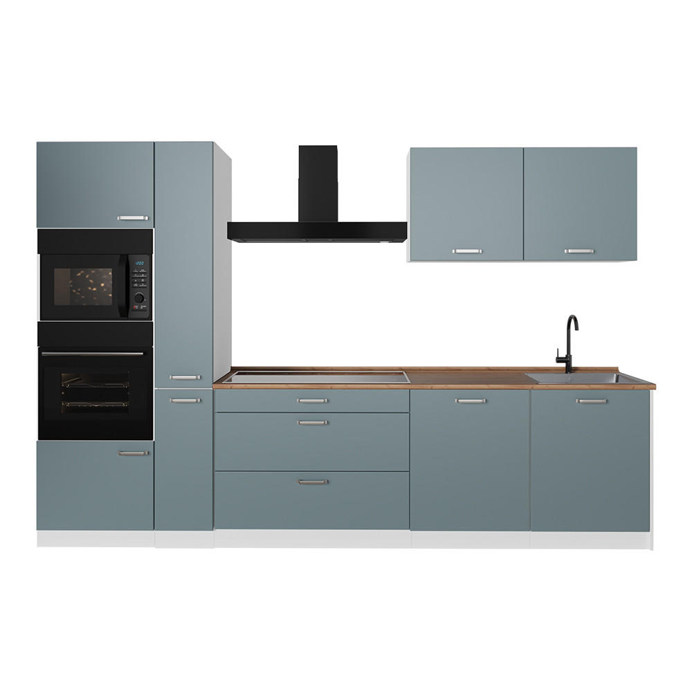 KÜCHENZEILE R-Line, Blau-Grau/Weiß, 310 cm ohne Arbeitsplatte - Blaugrau/Weiß, Holzwerkstoff (310/206.8/46cm) - Vicco