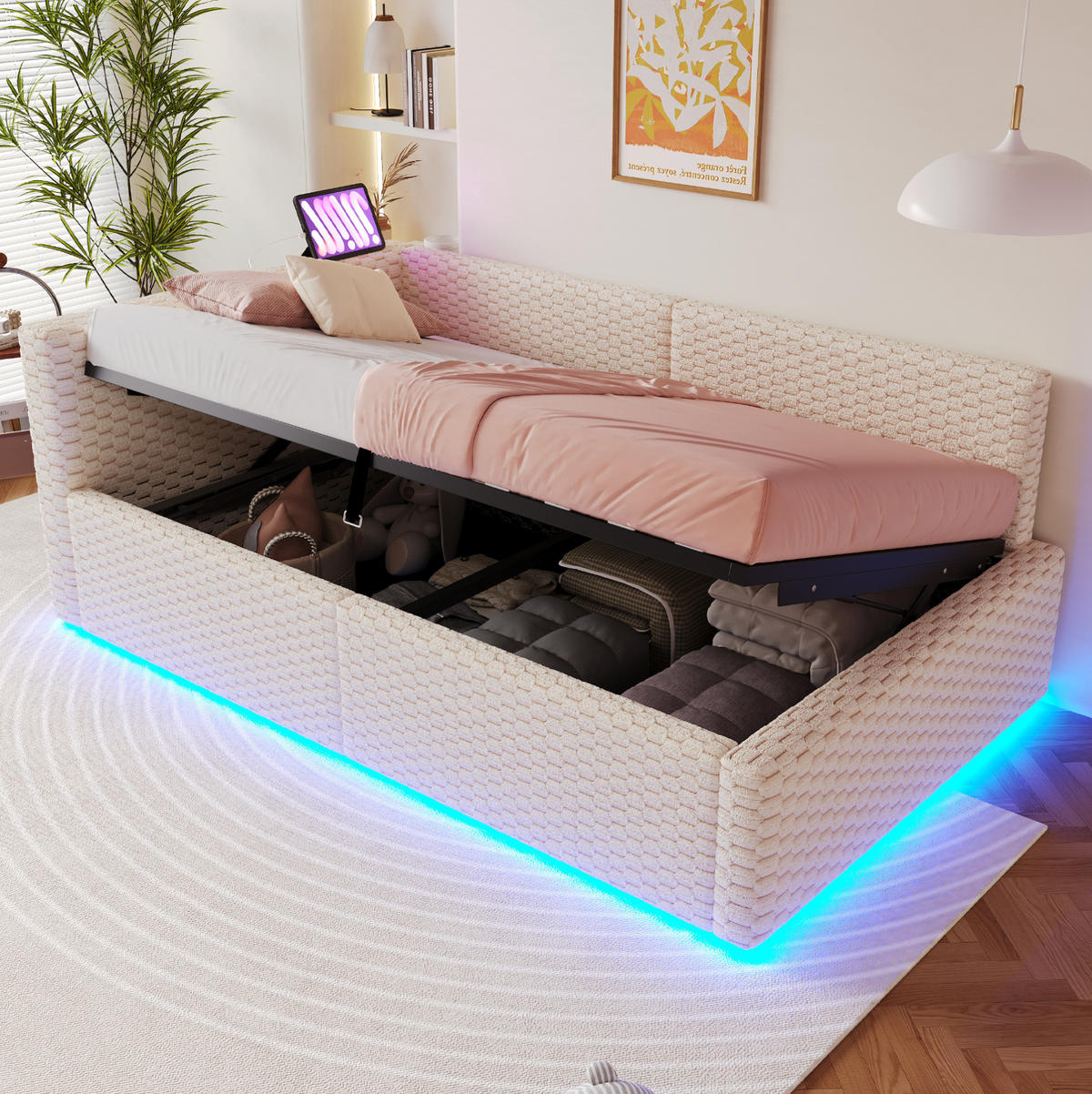 POLSTERBETT 90/200 cm in Beige mit LED-Beleuchtung und USB- und Type-C-Anschlüssen - Beige, Textil (90/200cm) - Flora Grace