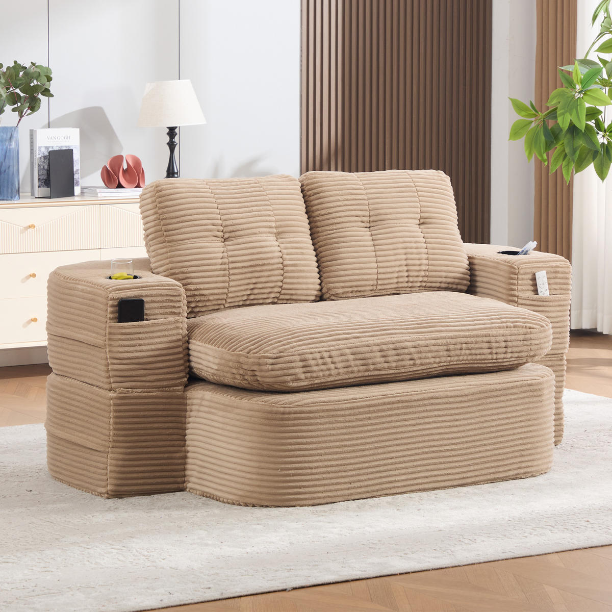 SOFA mit Liegefunktion, Getränkehaltern und verstellbaren Armlehnen in Khaki - Taupe, Textil (165/61/97cm) - EVRYAE