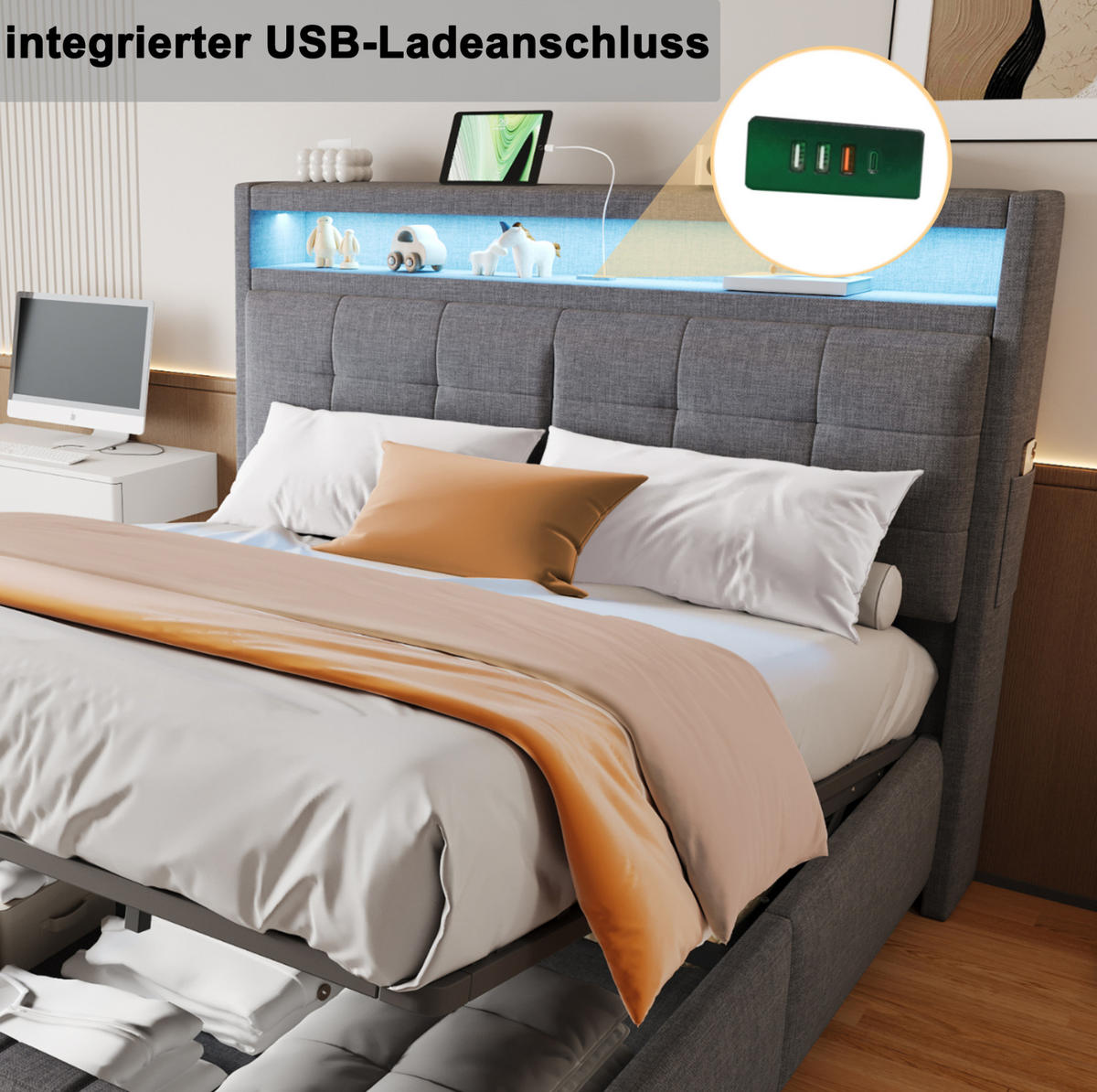 POLSTERBETT 160/200 cm grau aus Leinenstoff mit LED und Stauraum - Grau, Textil (160/200cm) - OKMYHOME