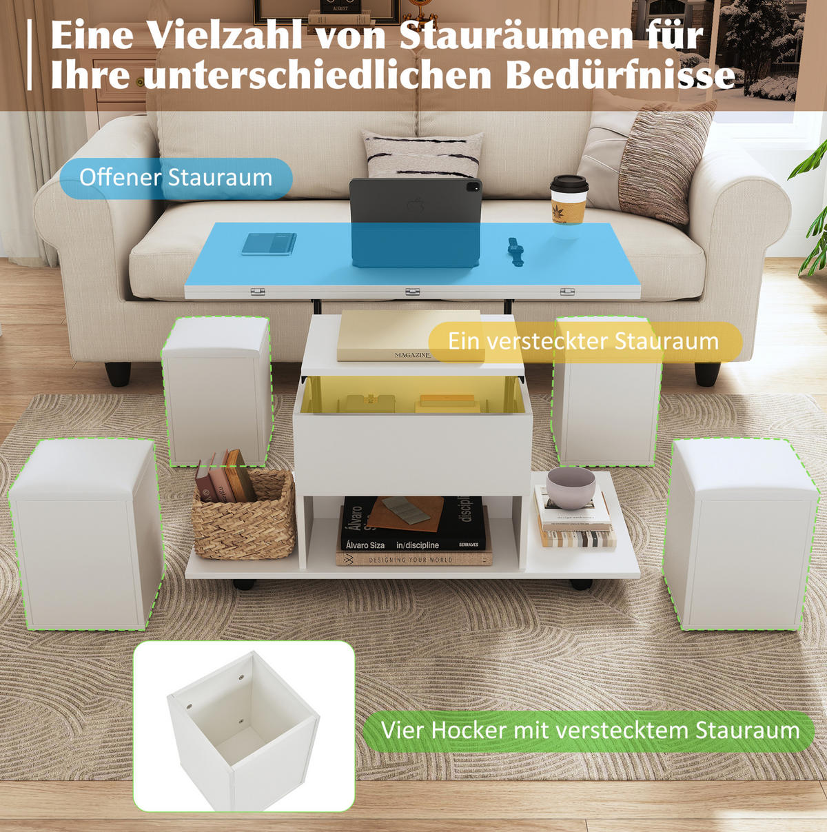 COUCHTISCH höhenverstellbar 100x100 cm Weiß 5-tlg. - Weiß, Holzwerkstoff (100/100/63.5cm) - Meubliv