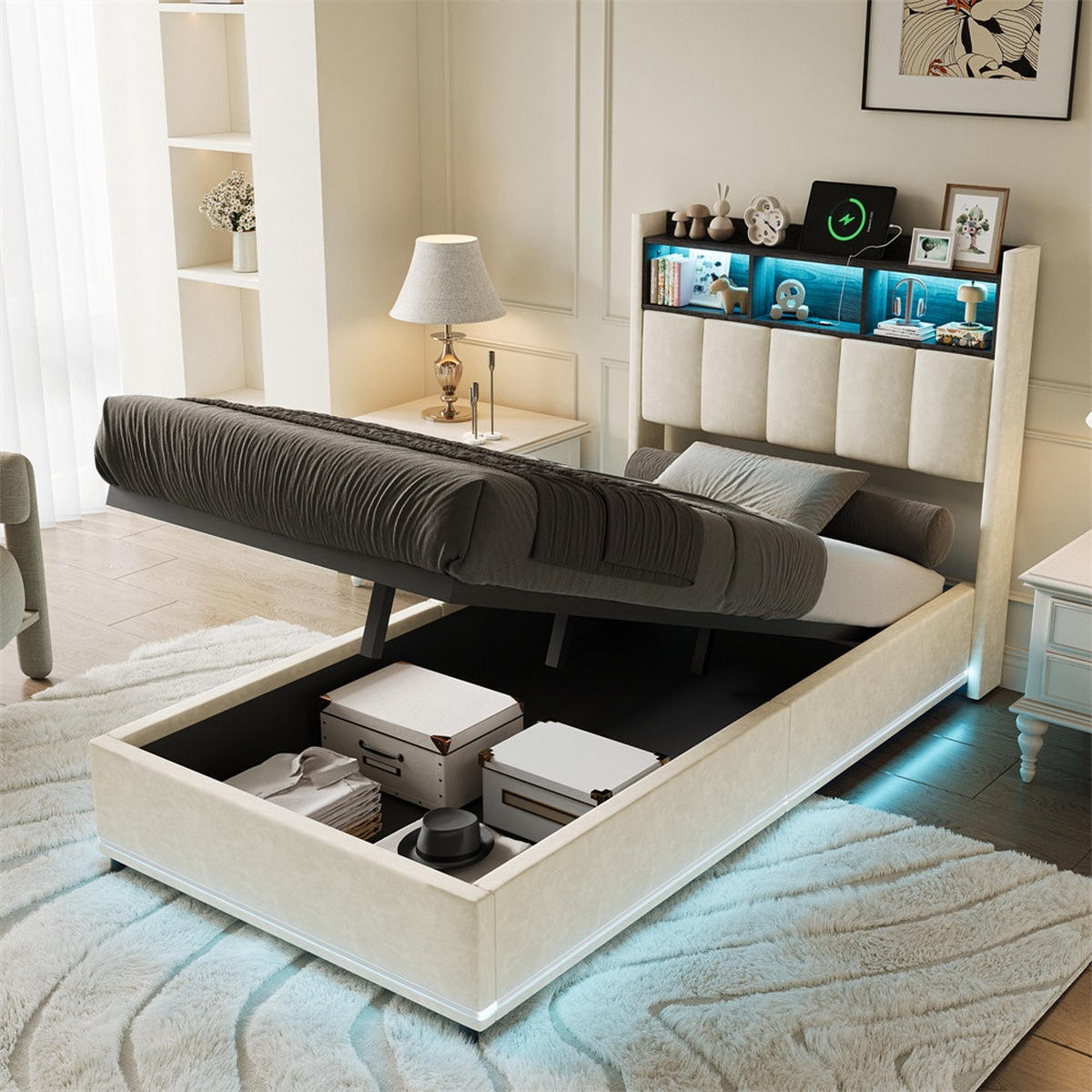 POLSTERBETT 90x200cm - Einzelbett mit RGB-LED-Beleuchtung am Kopfteil und Unterboden Stauraum-Kopfteil - Beige - Beige, Textil (90/200cm) - DELFA
