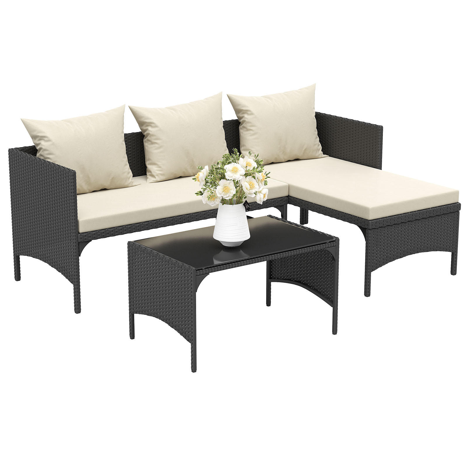 ECKSOFA Loungeset 3tlg Schwarz Gartensofa Modular - Schwarz, Textil - Rattrix