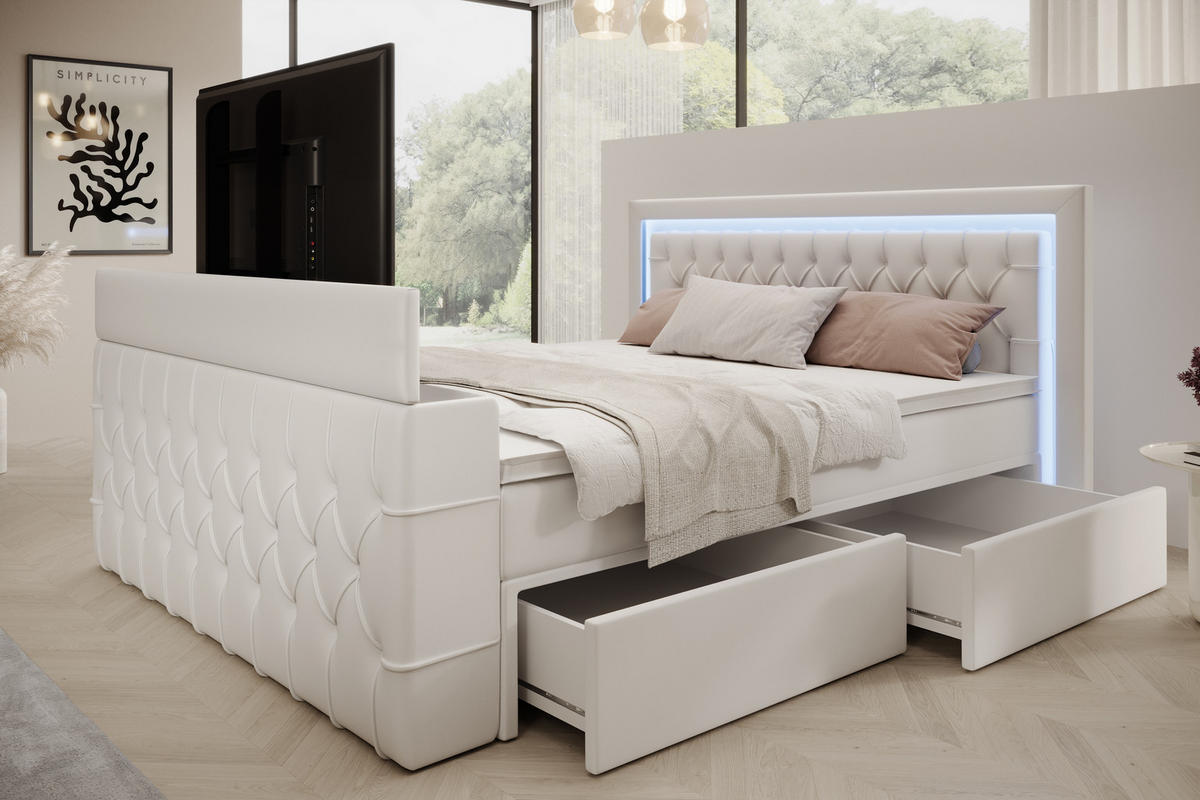 BOXSPRINGBETT Arosa TV mit Schubladen und Topper, TV-Lift, LED Beleuchtung, Kunstleder, 180x200 cm, Weiß - Weiß, Holz - PROMETO Möbel