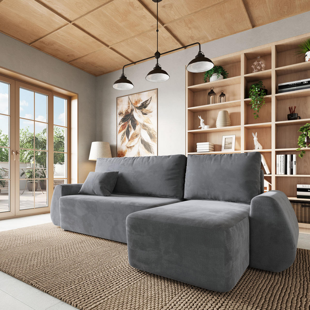 ECKSOFA GALVIS Grau Velours-Stoff mit Schlaffunktion - Grau, Holz (256/156cm) - MASSENO