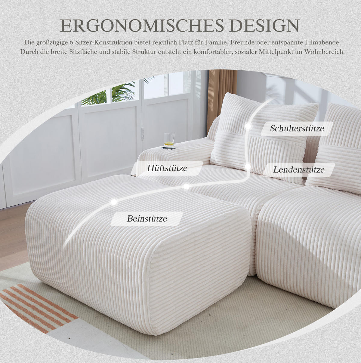 MODULARES 3-Sitzer Sofa Cordstoff mit Getränkehalter und Seitentasche 268/174/80 cm Beige - Beige, Textil (174/268cm) - Redom