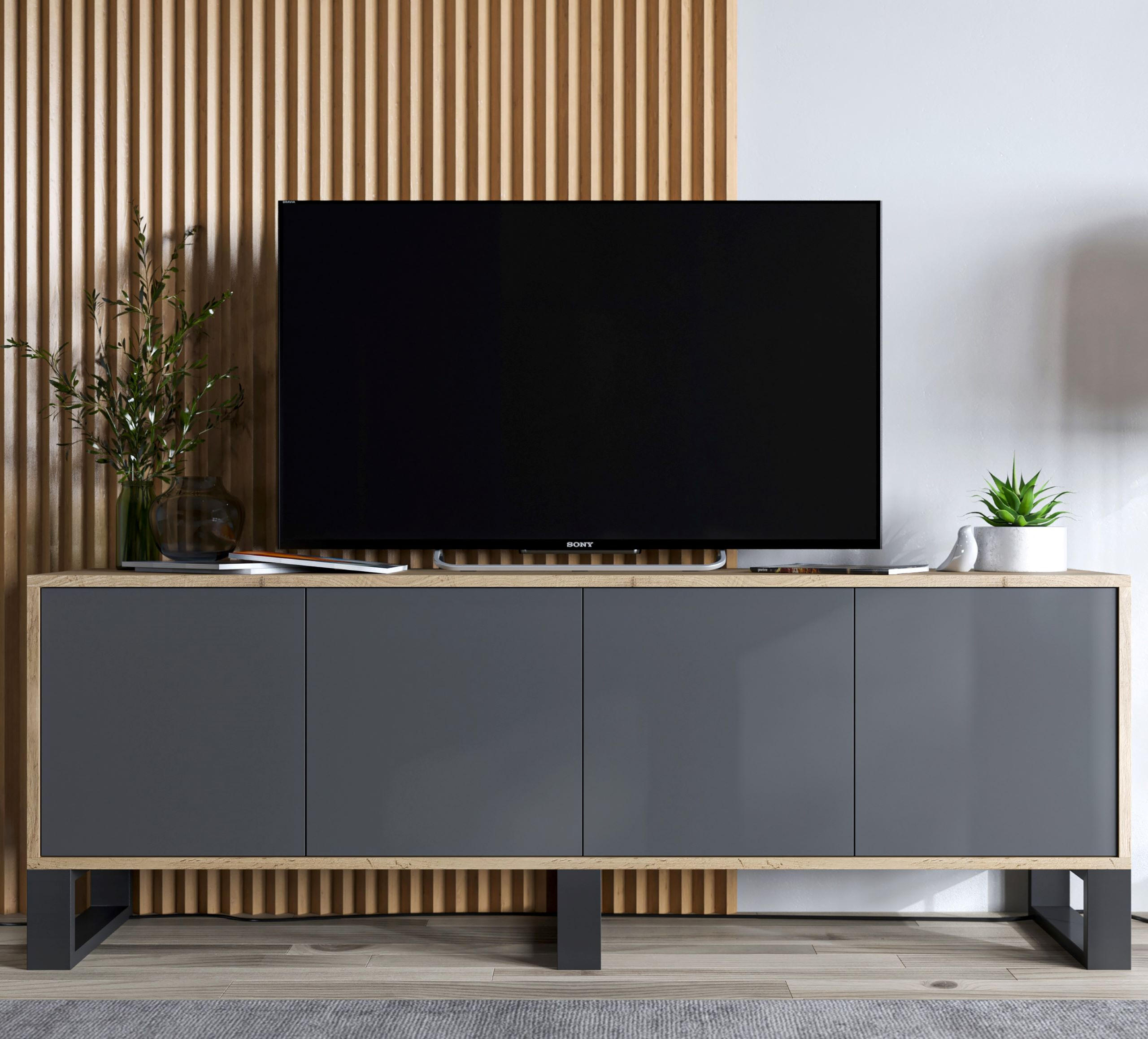 TV-SCHRANK Apollo2 Eiche wotan Graphit Matt mit Metallbeinen 150/53/35 cm - Graphitfarben/Schwarz, Holzwerkstoff/Metall (150/53/35cm) - Meble Lindner