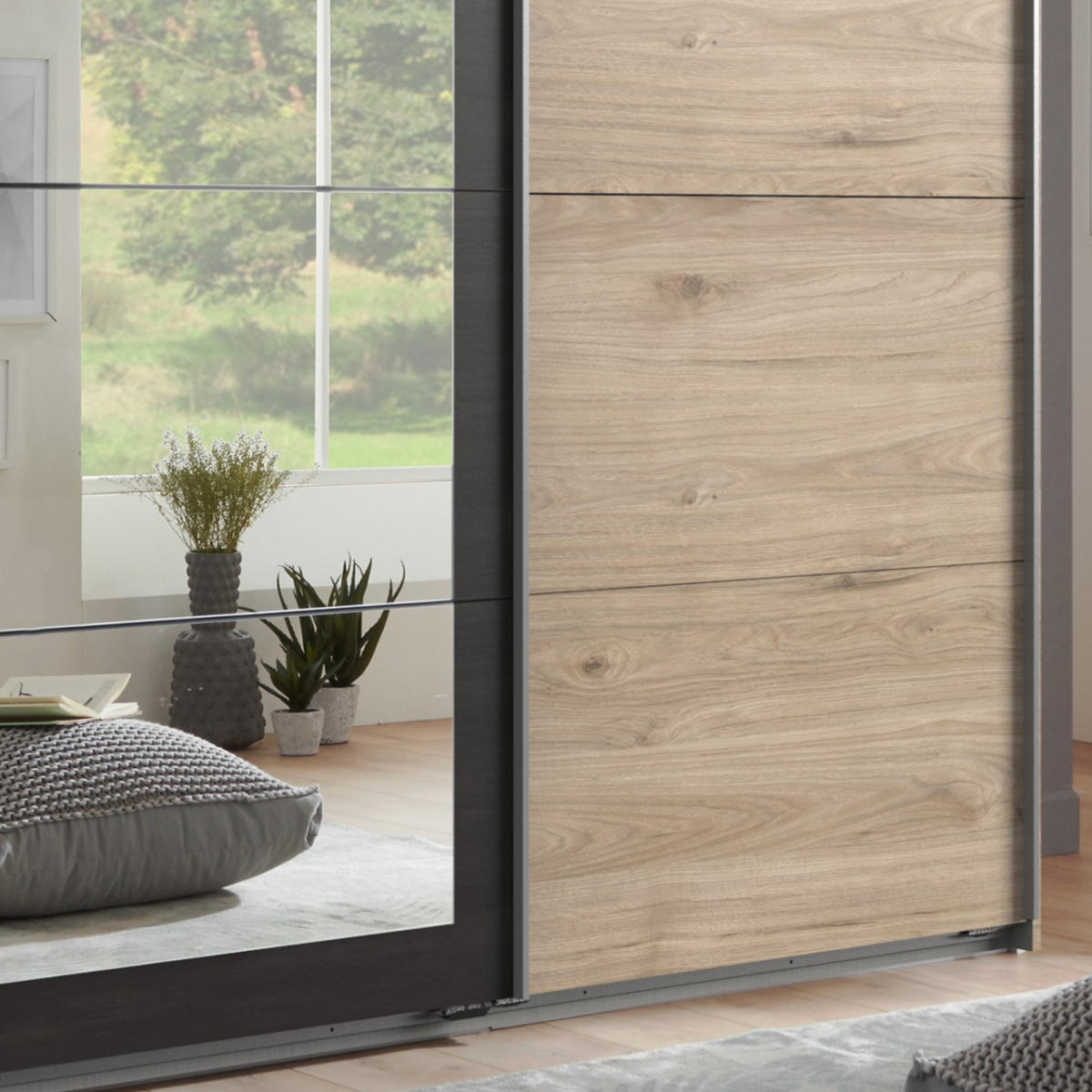 SCHWEBETÜRENSCHRANK 3-türig B270/H208/T65 cm in Eichen-Dekor mit Absetzungen in grauer Stahl-Optik / 22002 - Eichefarben/Alufarben, Holzwerkstoff/Metall (270/208/65cm) - luma-home