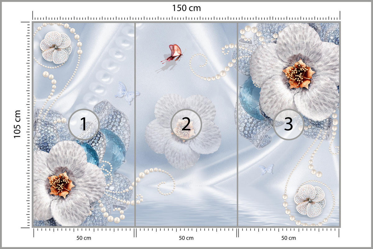 FOTOTAPETE für Schlafzimmer Blumen Perlen Schmetterlinge Blau 150x105 - Blau/Gelb, Papier (150/105cm) - Muralo