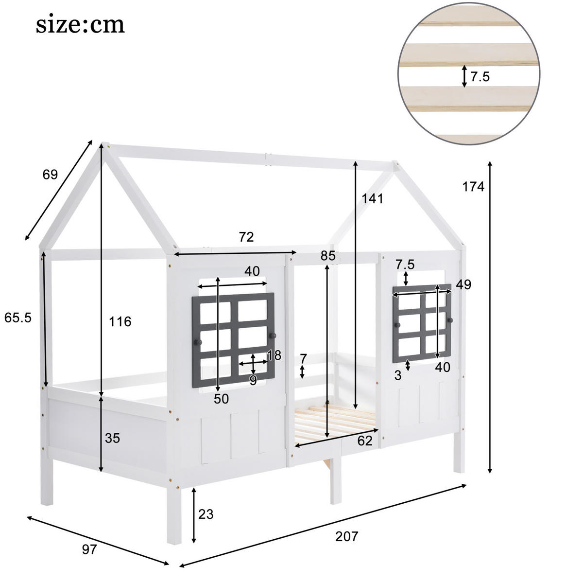 HAUSBETT 90/200 cm Weiß mit 2 Fenstern aus Kiefernholz - Weiß, Holz (90/200cm) - Flora Grace
