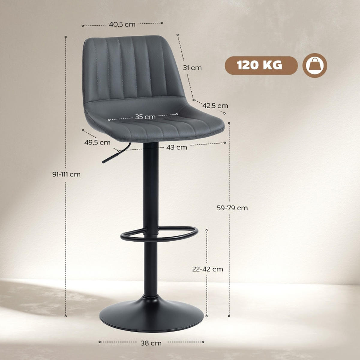 BARHOCKER DE-35975 2er Set mit Kunstlederbezug Dunkelgrau - Dunkelgrau, Metall (49.5/111/43cm) - ComfortXL