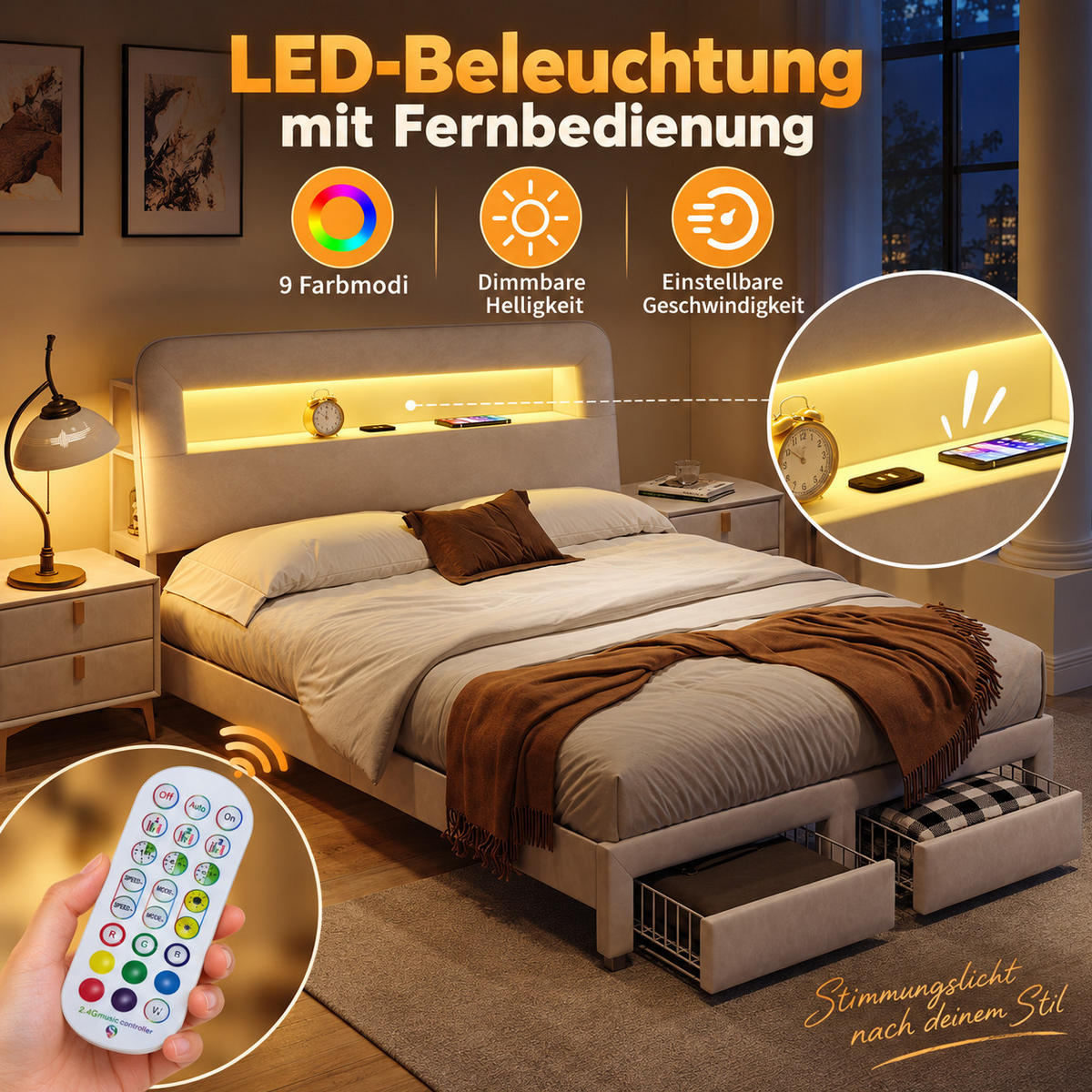 POLSTERBETT 140/200 cm mit Ablagekopfteil, LED-Beleuchtung, USB-Anschluss, Seitenablagen und zwei Unterbettschubladen - Beige, Holz/Metall (140/200cm) - Joyfair