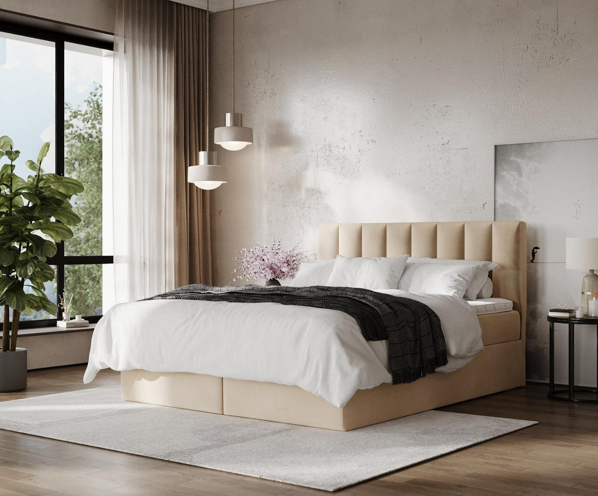 BOXBETT Lusso 160/200 cm Beige im Kronos Stoff - Beige/Schwarz, Holz/Holzwerkstoff (160/200cm) - AltaBeds