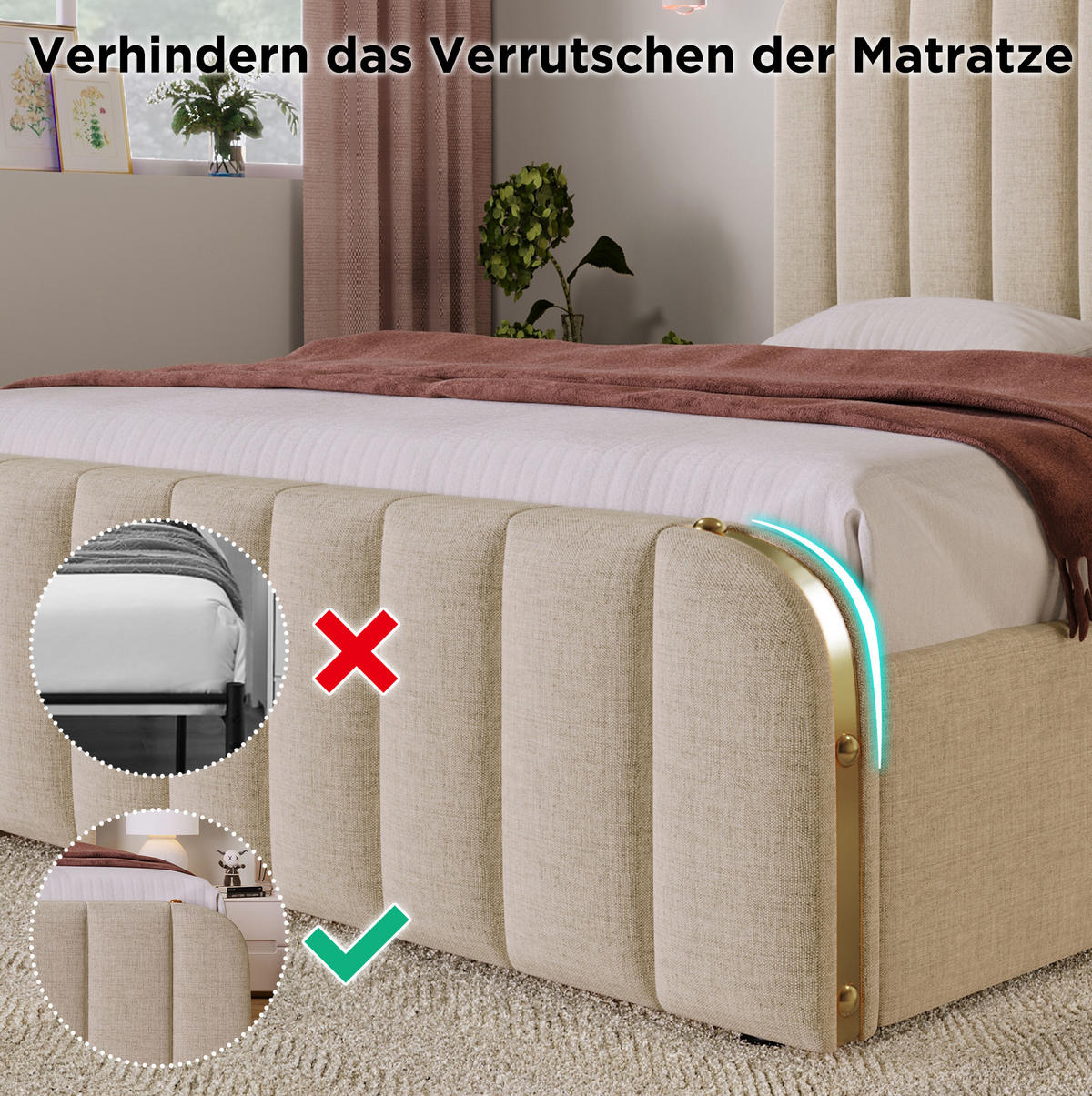 ČALOUNĚNÁ postel 140/190 cm s USB a USB-C, hydraulickým úložným prostorem a lněným čelem se zlatými detaily, Béžová - béžová, textil (140/190cm) - Redom