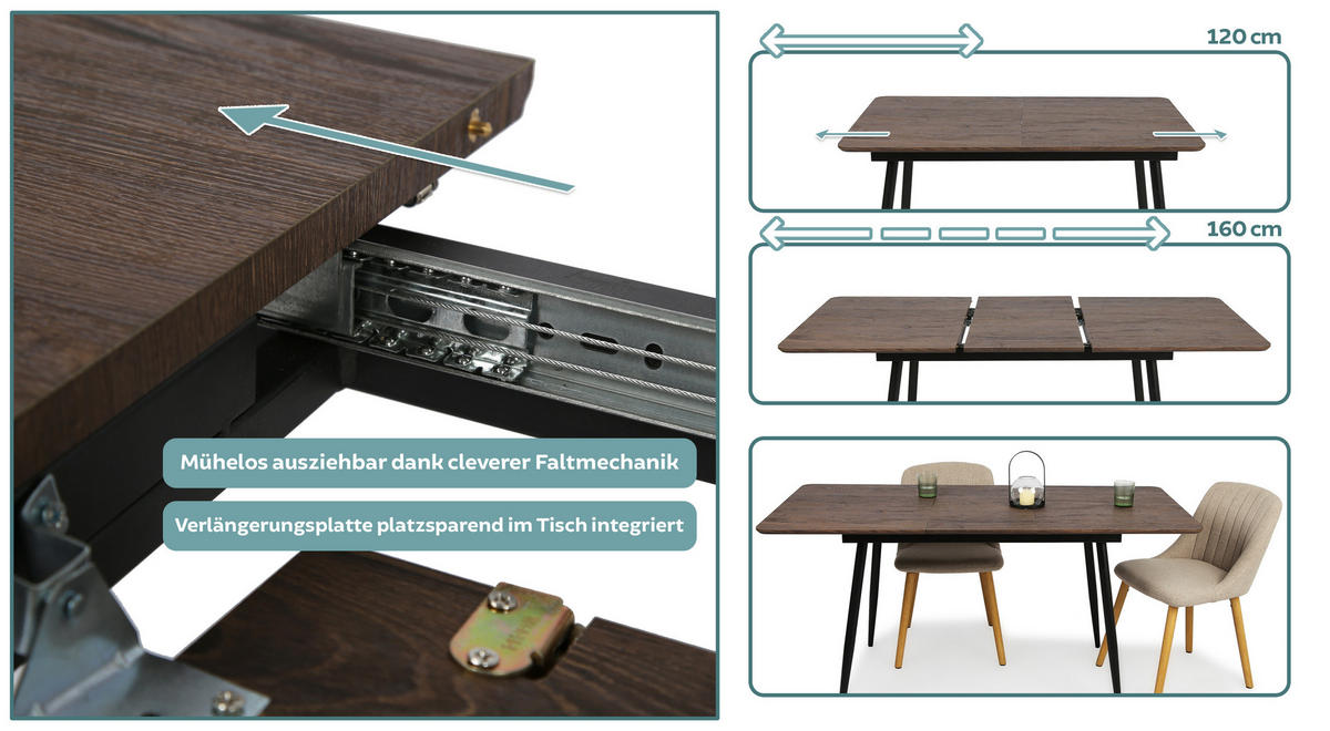 ESSTISCH ausziehbar von 120 bis 160 cm in Eiche dunkel - Dunkelbraun, Holzwerkstoff (80/120/75cm) - Home Collective