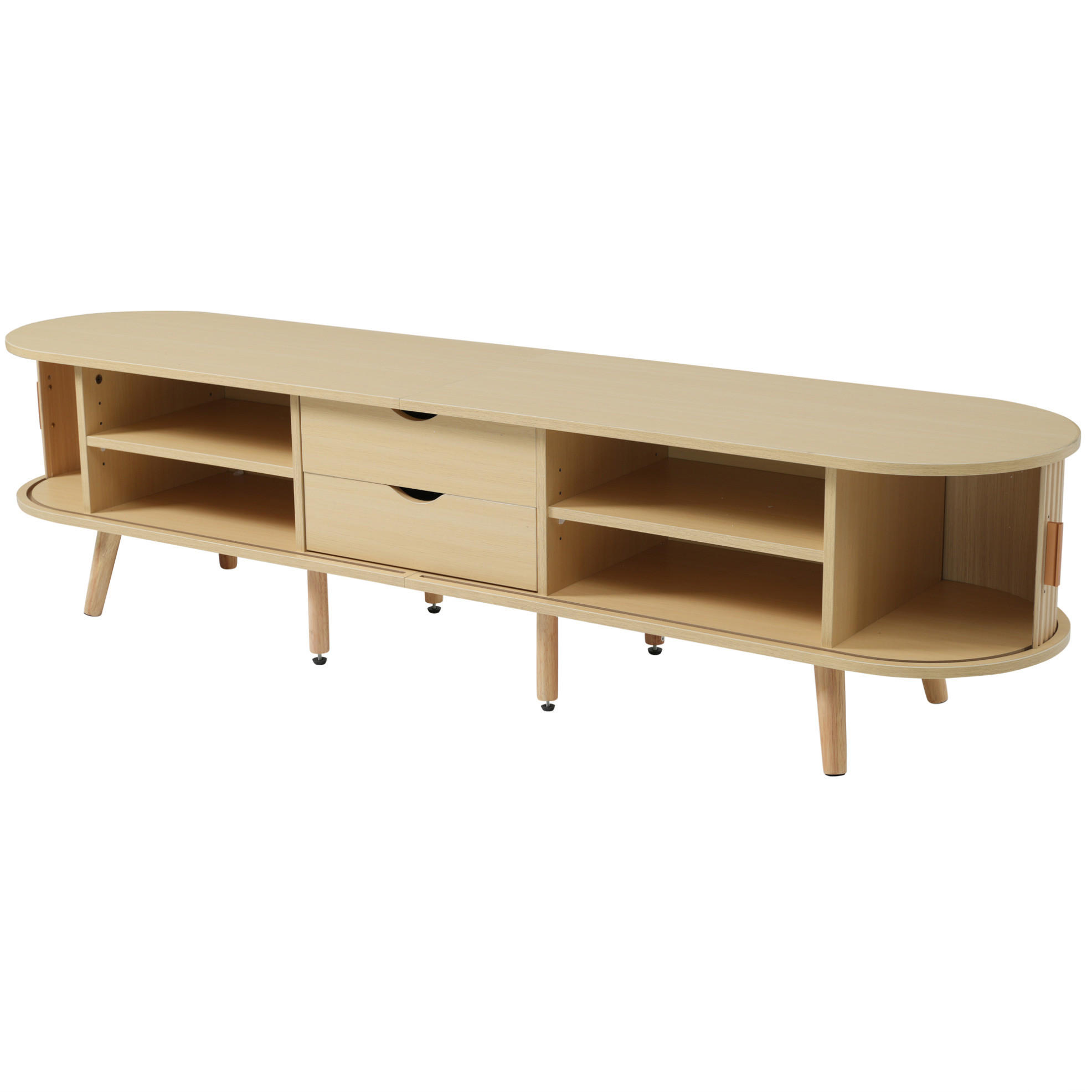 Modfu TV stolek z MDF 175x40x42 cm světlý ořech se 2 zásuvkami, posuvnými dvířky a nastavitelnými policemi