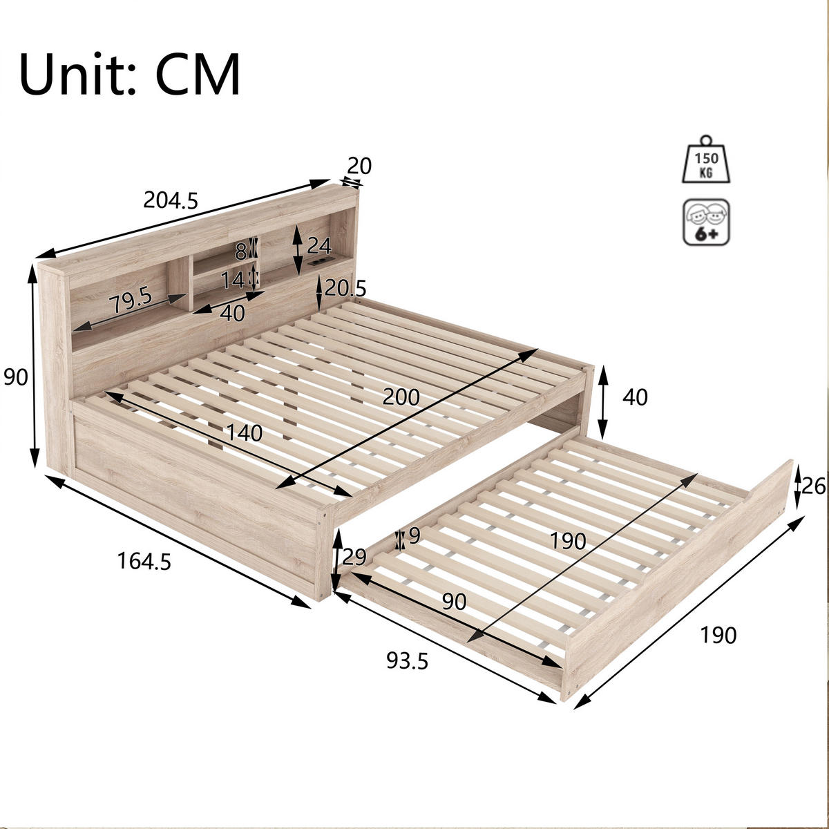 MULTIFUNKTIONSBETT 140/200 cm Natur mit Ambientebeleuchtung und USB-Anschlüssen - Naturfarben, Holzwerkstoff (140/200cm) - OKWISH