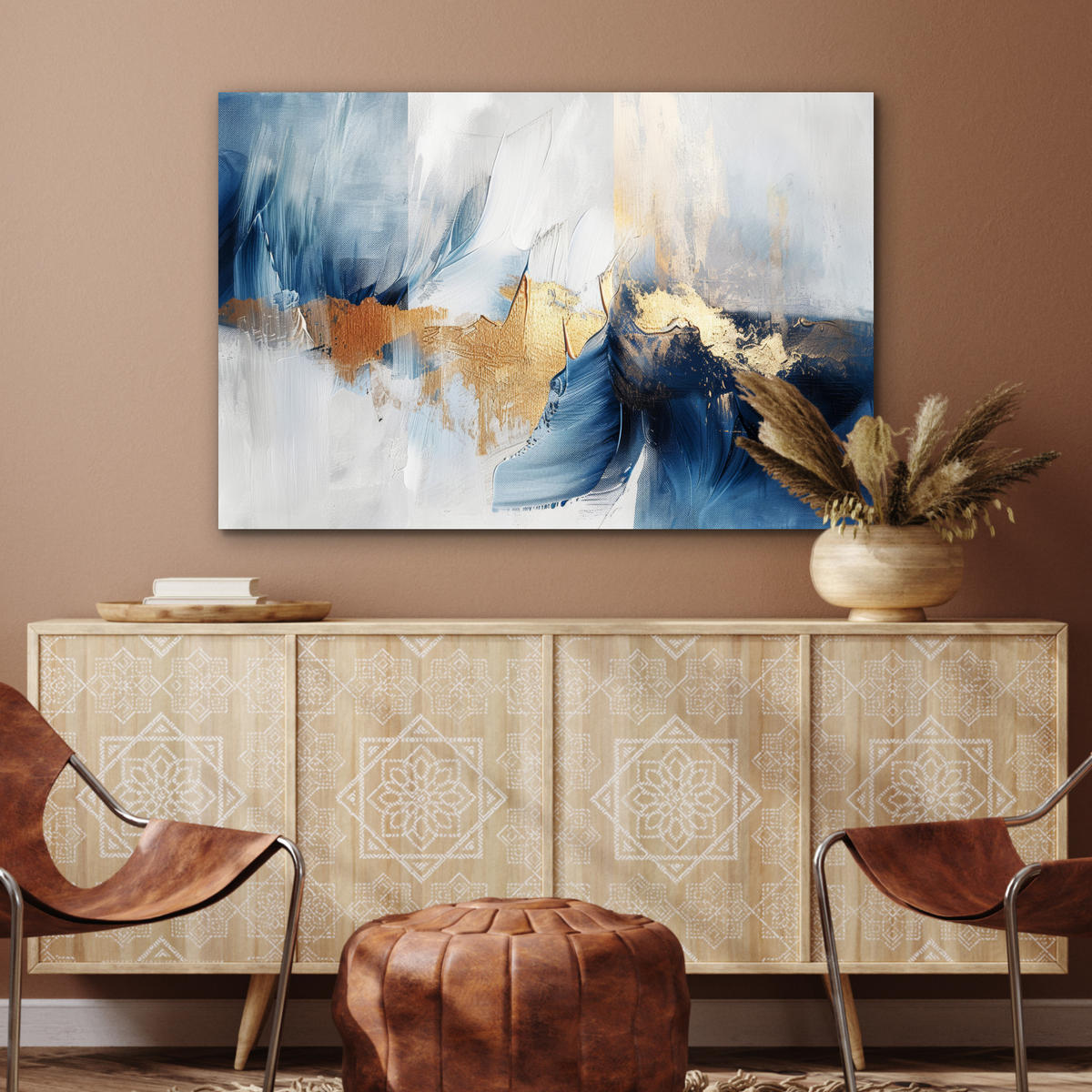 METALLBILD Gold - Blau - Aquarell - Kunst - Modern 120x80 cm - Hellblau, Metall (120/80cm) - MuchoWow