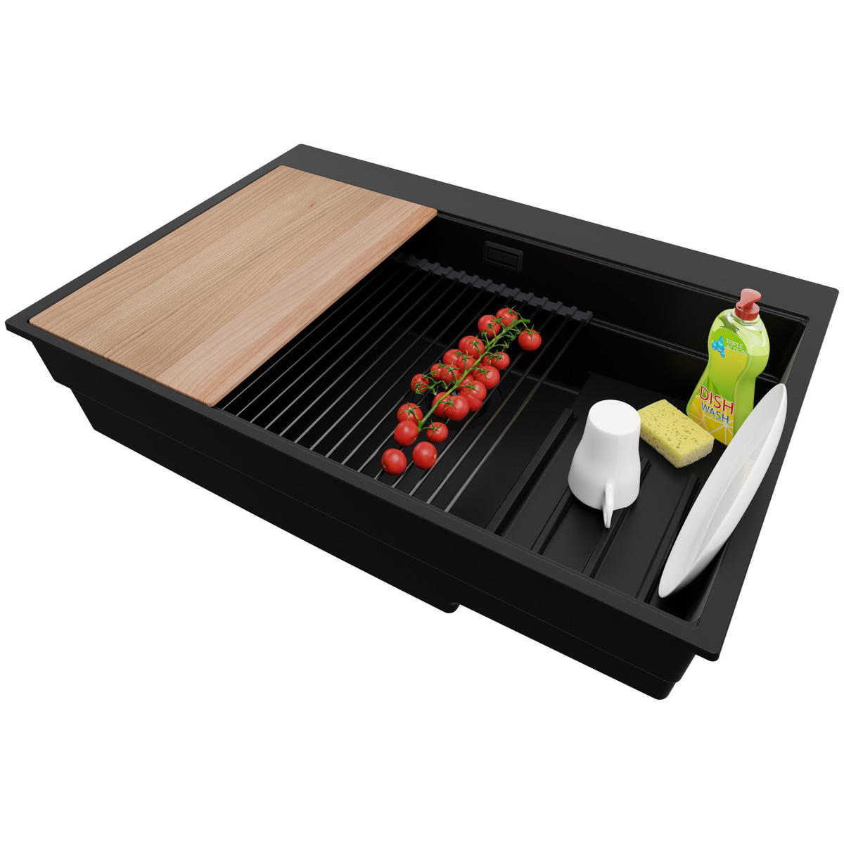 SPÜLBECKEN Oslo Max, 2-er set Alles Schwarz 78/53 cm 1 Becken + Ablauf-Set + Küchenzubehörset ab 80er Unterschrank - Beige/Schwarz, Kunststoff (78/20/53cm) - Primagran