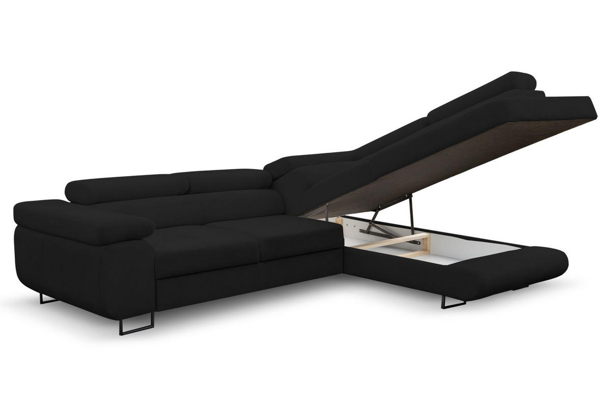 ECKSOFA Jerry in L-Form mit Schlaffunktion und Bettkasten, Farbe: Schwarz, Veloursstoff, Ottomane Rechts - Schwarz, Textil (275/202cm) - VENASI MÖBEL