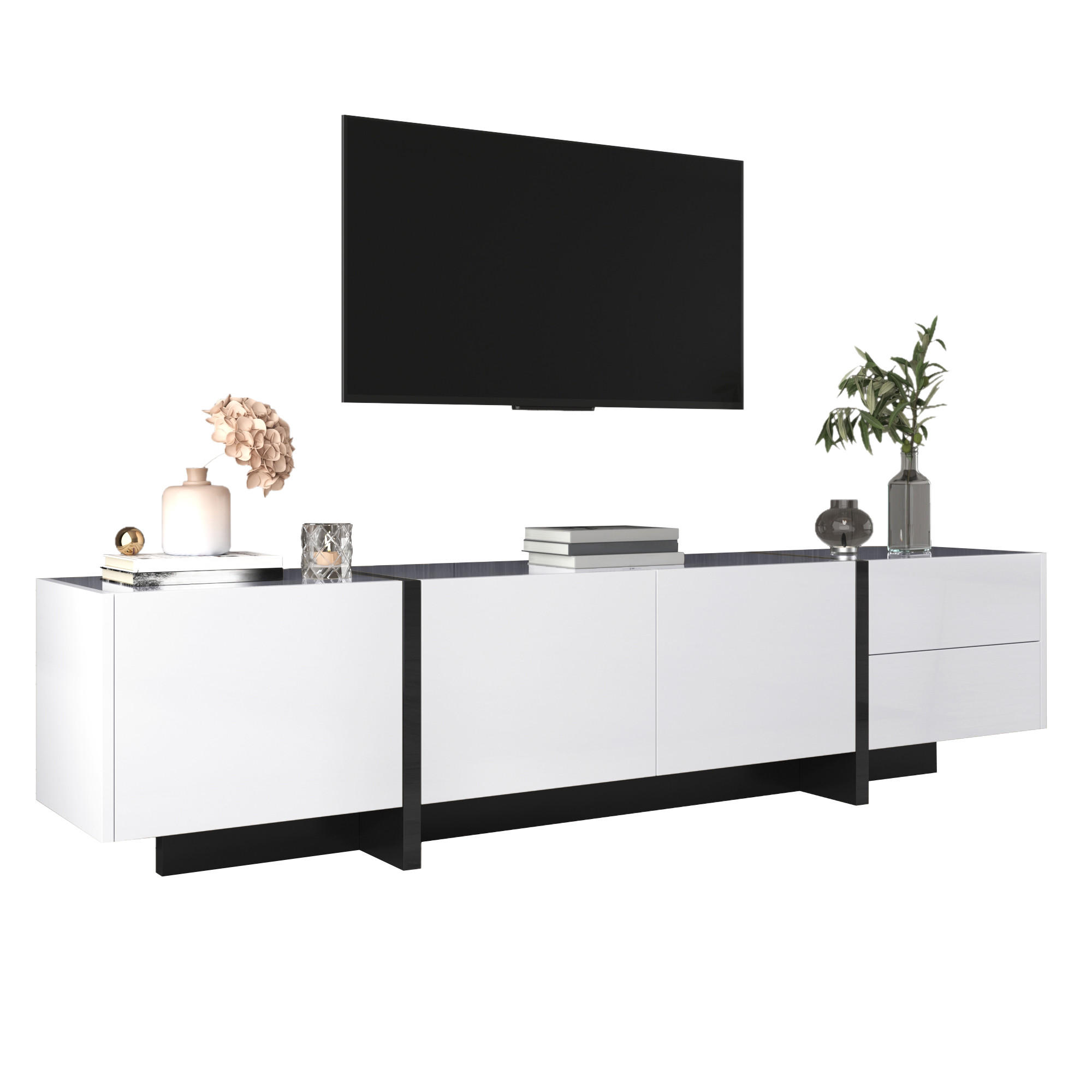 TV-ELEMENT 190 cm Hochglanz Weiß Schwarz mit Türen und Schubladen - Weiß, Holzwerkstoff (35/45/190cm) - Korfee