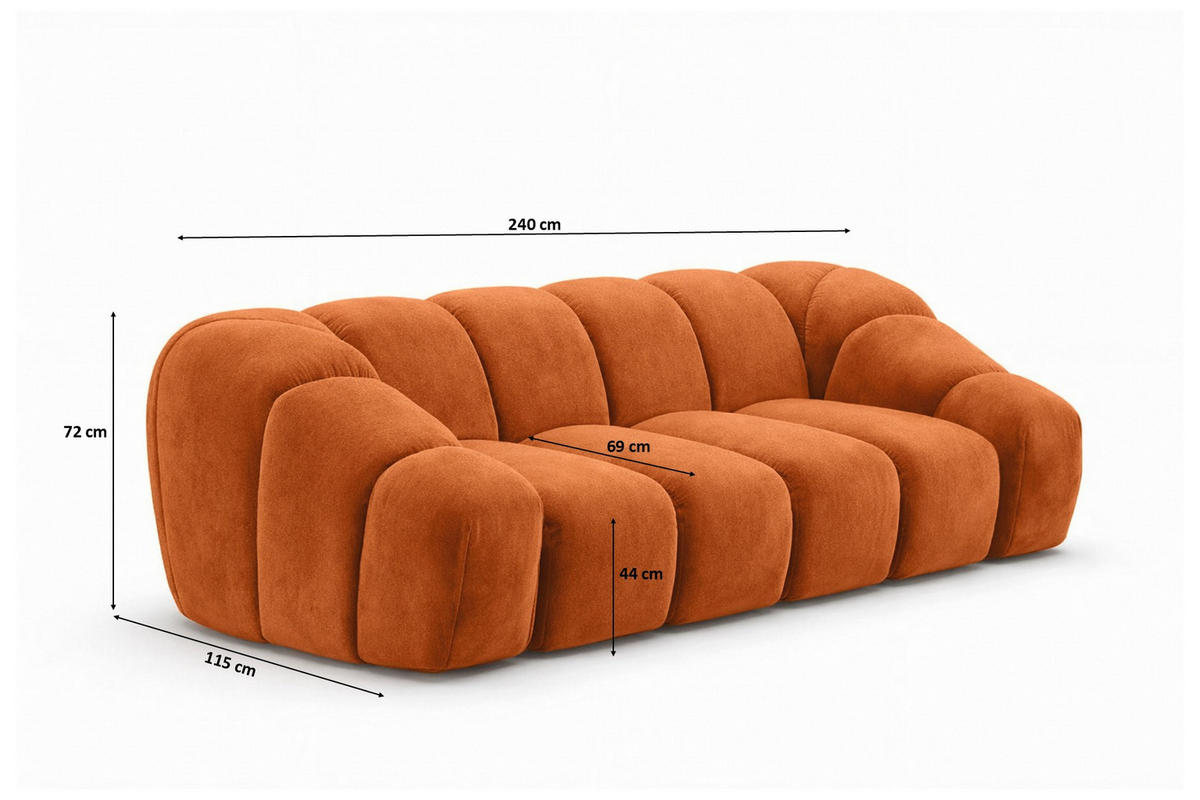 SOFA 3-Sitzer modular, Veloursstoff Bluvel, Zimtfarbe, CROISSANT - Orange, Holz (240/72/115cm) - Kaiser Möbel