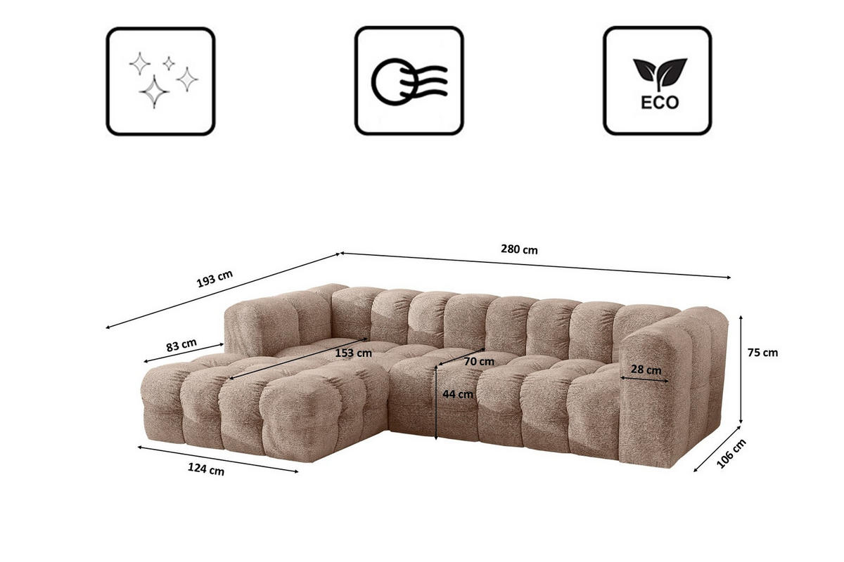 ECKSOFA L-form BALOO L, Chenille-Stoff Arena, Dunkelbeige, Links - Beige, Holz (280/193cm) - Kaiser Möbel