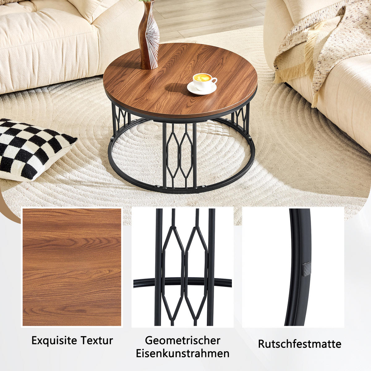 COUCHTISCH DE-37365 rund mit Holzoptik Walnuss - Walnussfarben, Metall (70/70/40.5cm) - ComfortXL