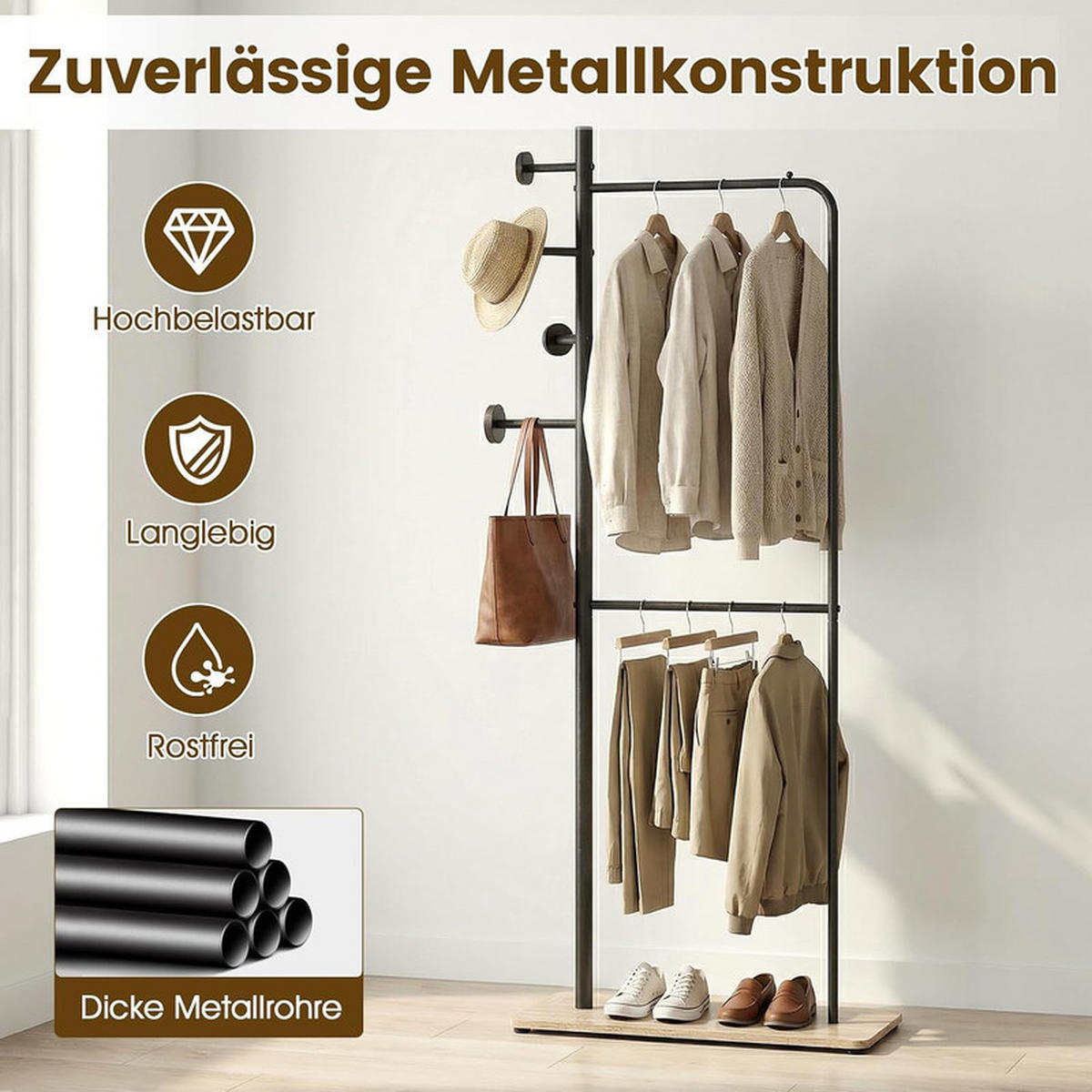 GARDEROBENSTÄNDER mit 2 Kleiderstangen schwarz - Schwarz, Metall (68/167/30cm) - COSTWAY
