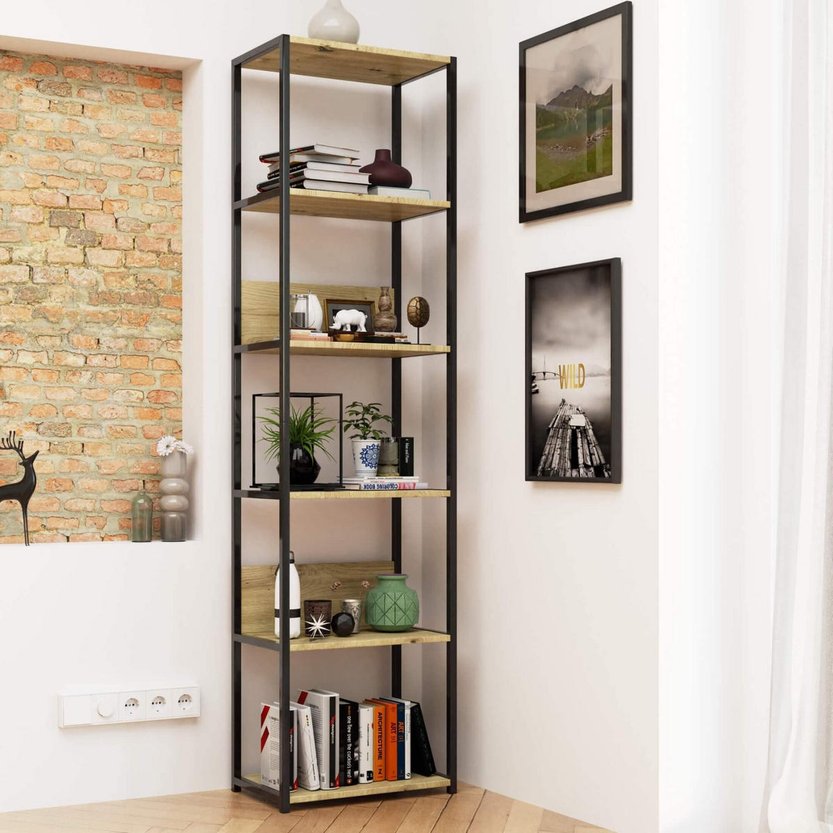 INDUSTRIEREGAL Schwarz, Eiche Artisan 50x192x32 cm - Schwarz/Eiche Artisan, Holzwerkstoff/Metall (50/192/32cm) - Akord