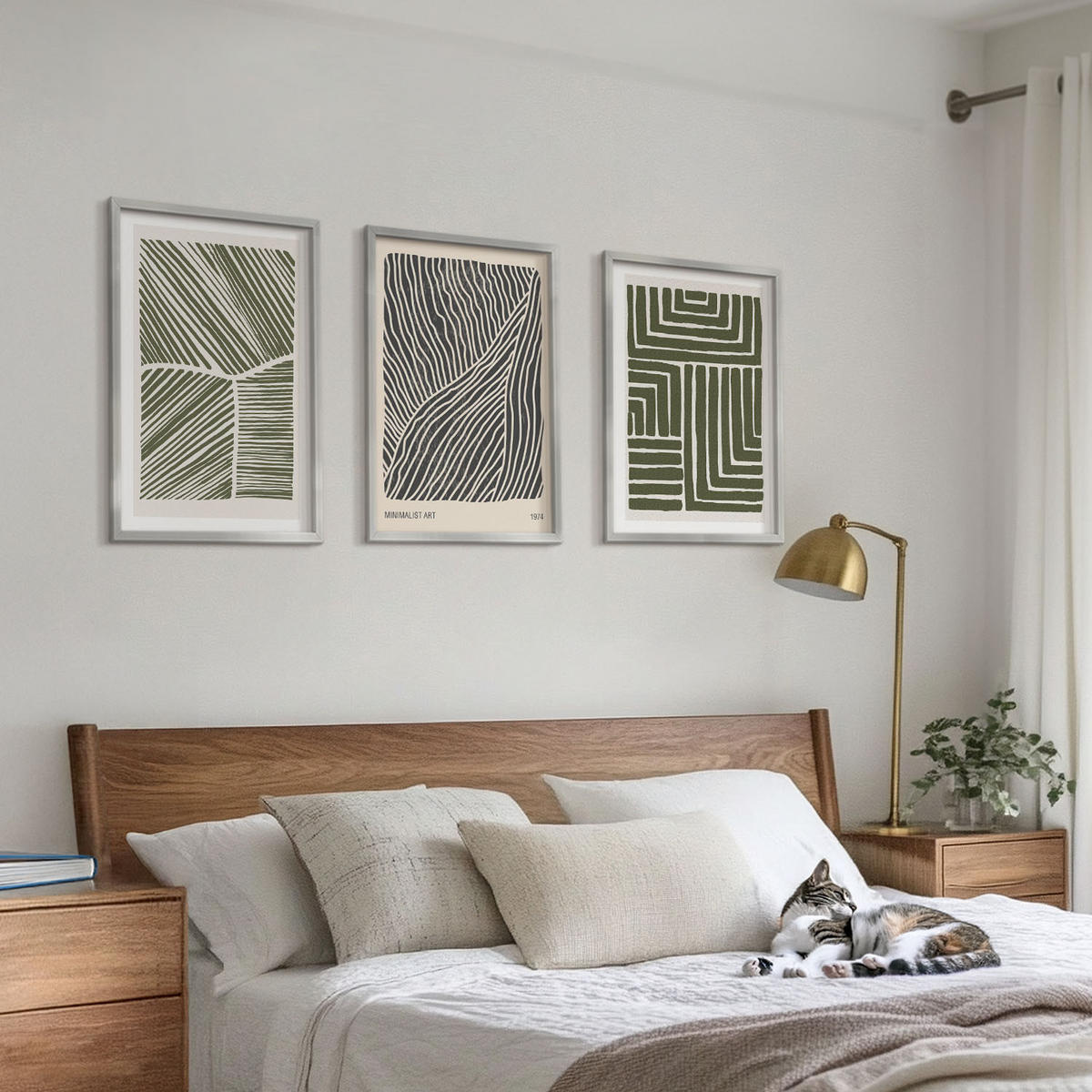 WANDBILDER 3er Set - 40x60 cm Silberner Rahmen - Muster Linien Formen grün - Silberfarben, Kunststoff (40/60cm) - ArtPrintCave