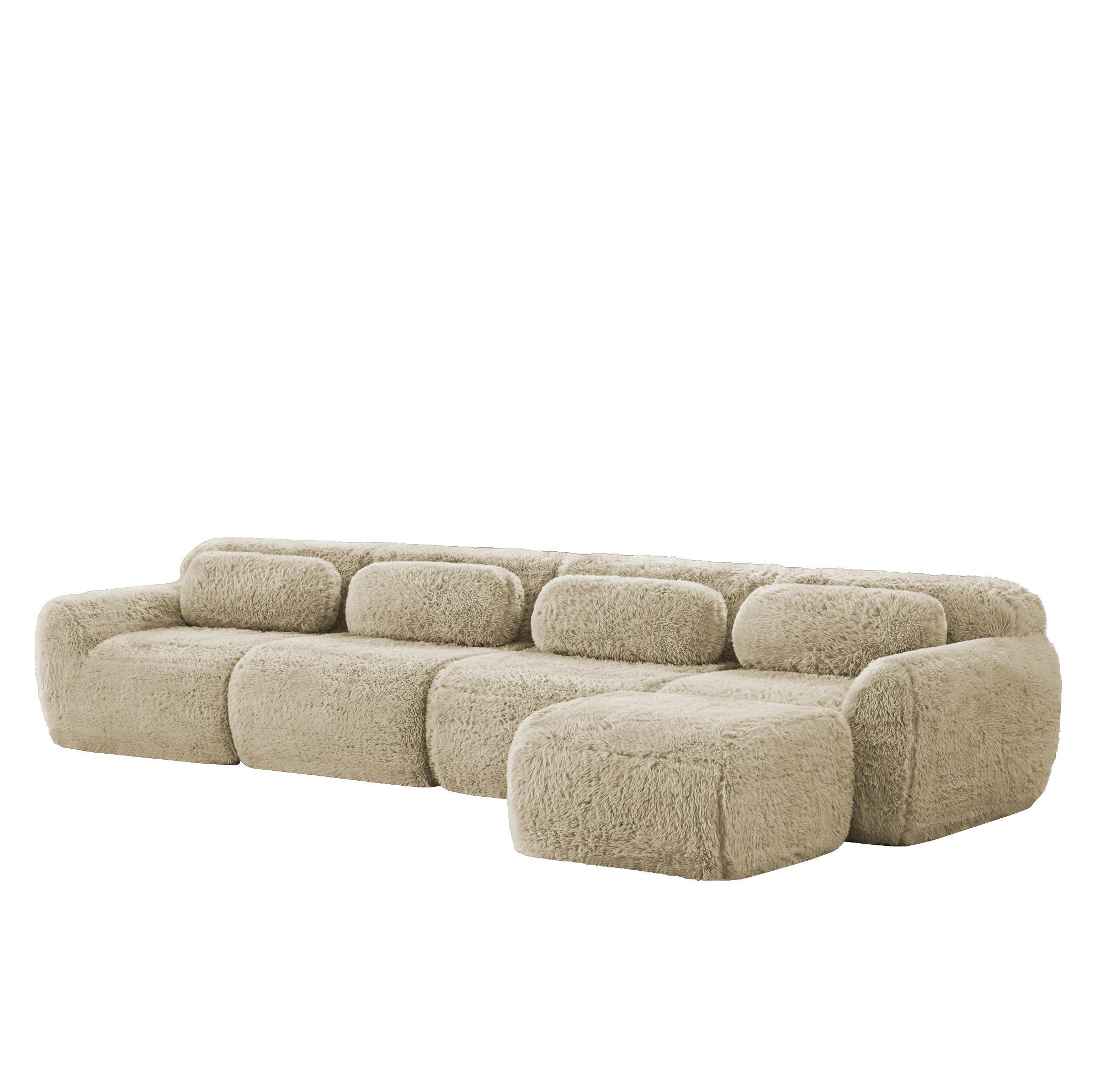 Modfu MODULÁRNÍ rohová pohovka z plyše světle 378x179x73 cm khaki 4místná bez montáže s lenoškou a polštáři
