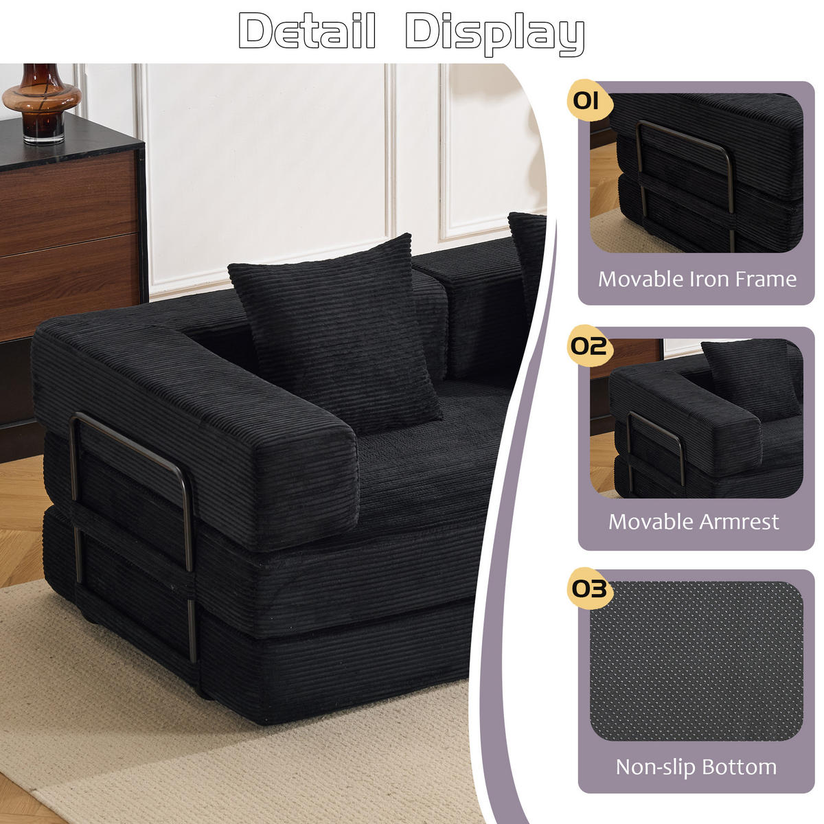 SCHLAFSOFA 2-in-1 faltbar aus Cordstoff, DE-42533, Schwarz - Schwarz, Textil (185/60/92.5cm) - ComfortXL