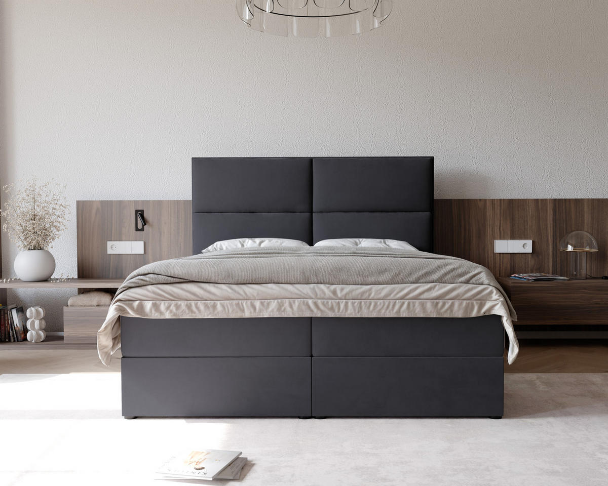 BOXBETT ORFEO 160/200 cm mit Matratze und Topper, Schwarz - Schwarz, Textil (160/200cm) - Idohome