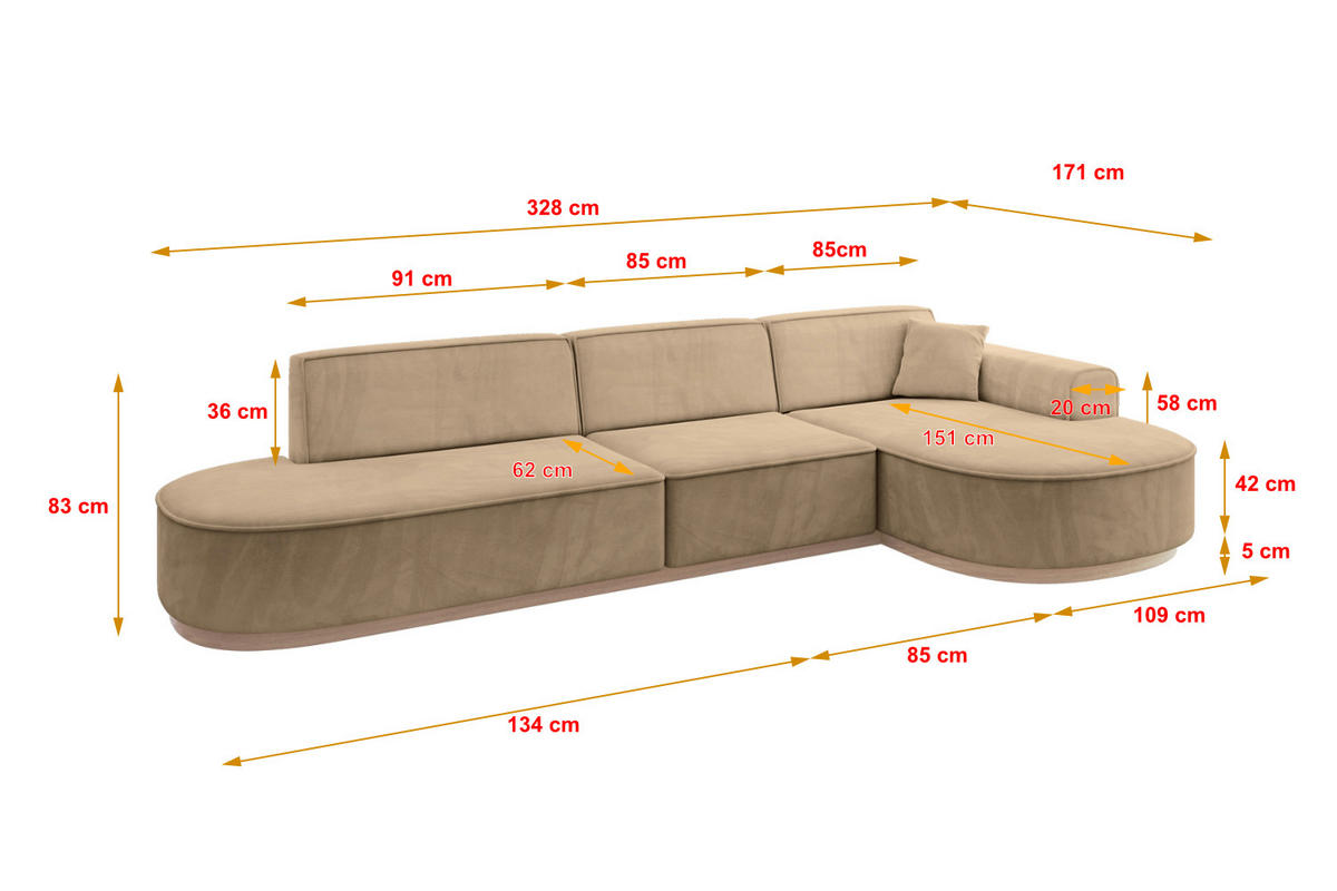 ECKSOFA Ottomane Rechts MARI-L2-v1 - 328x171x83 cm Taupe Velours - Taupe, Holzwerkstoff/Textil (171/328cm) - ALTDECOR