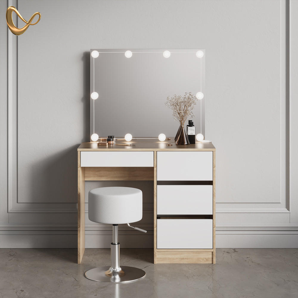 SCHMINKTISCH Imola Sonoma mit LED Beleuchtung und Hocker - Weiß/Sonoma Eiche, Holzwerkstoff (90/75/40cm) - Livinity®