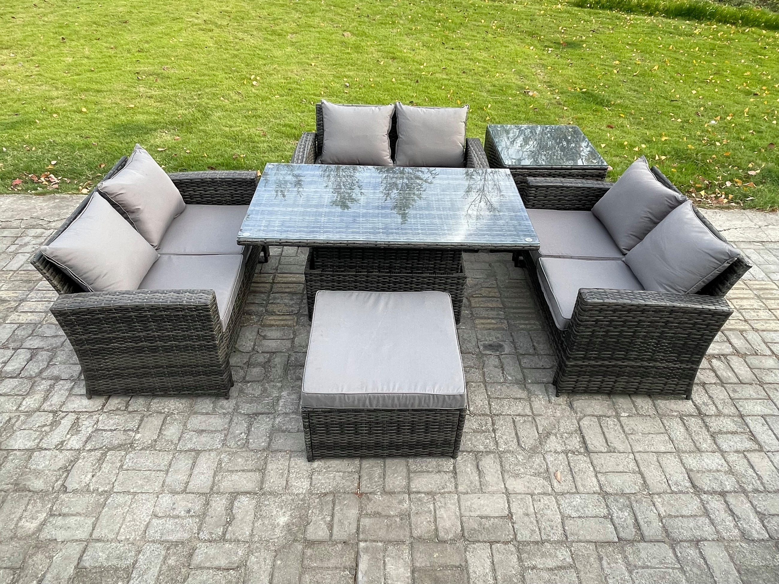 GARTENMÖBEL-SET Polyrattan Dunkelgrau 7-Sitzer - Dunkelgrau, Metall - Fimous